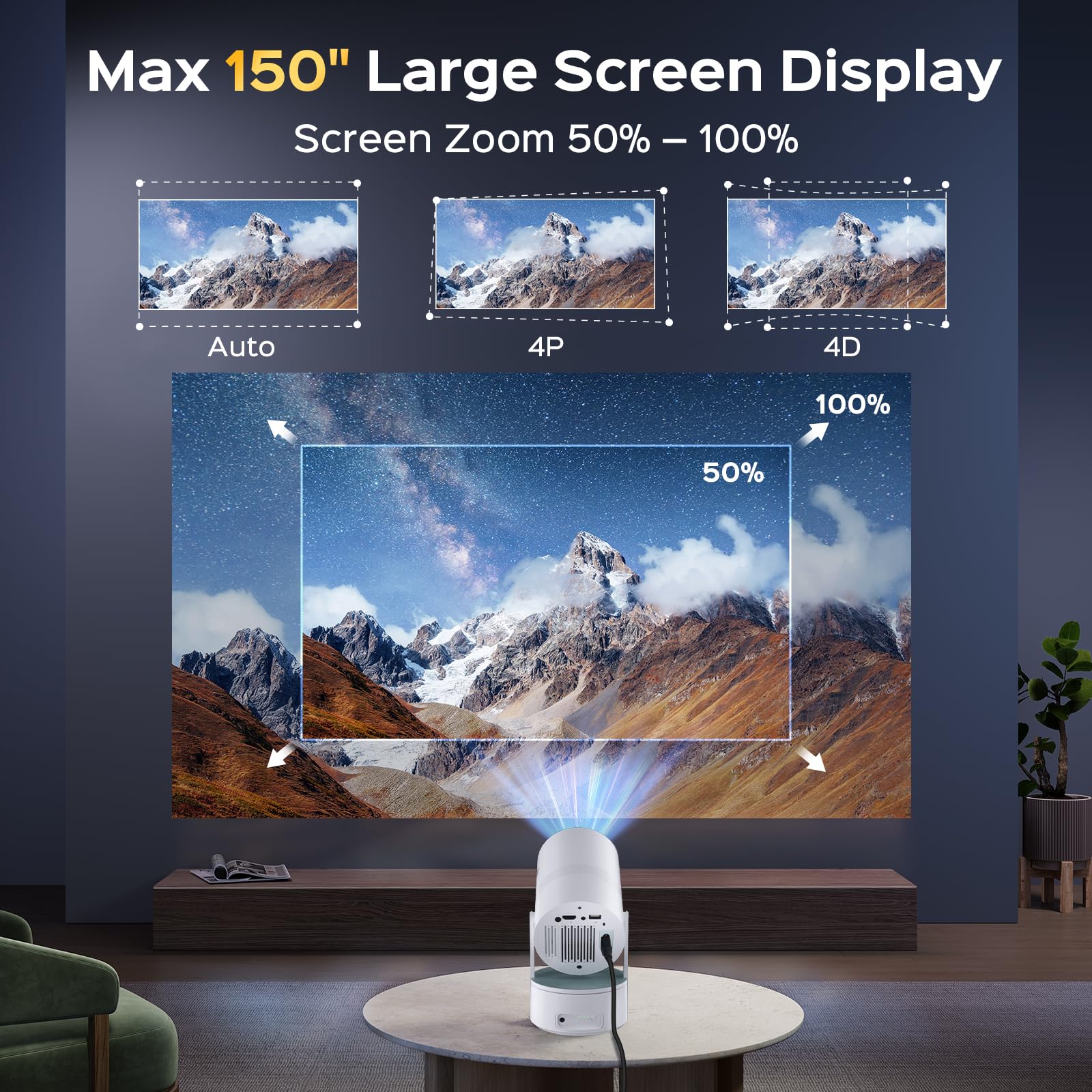 4K WiFi Bluetooth Mini Projector with Built-in Battery - 1080P Support, 270° Rotation, 150