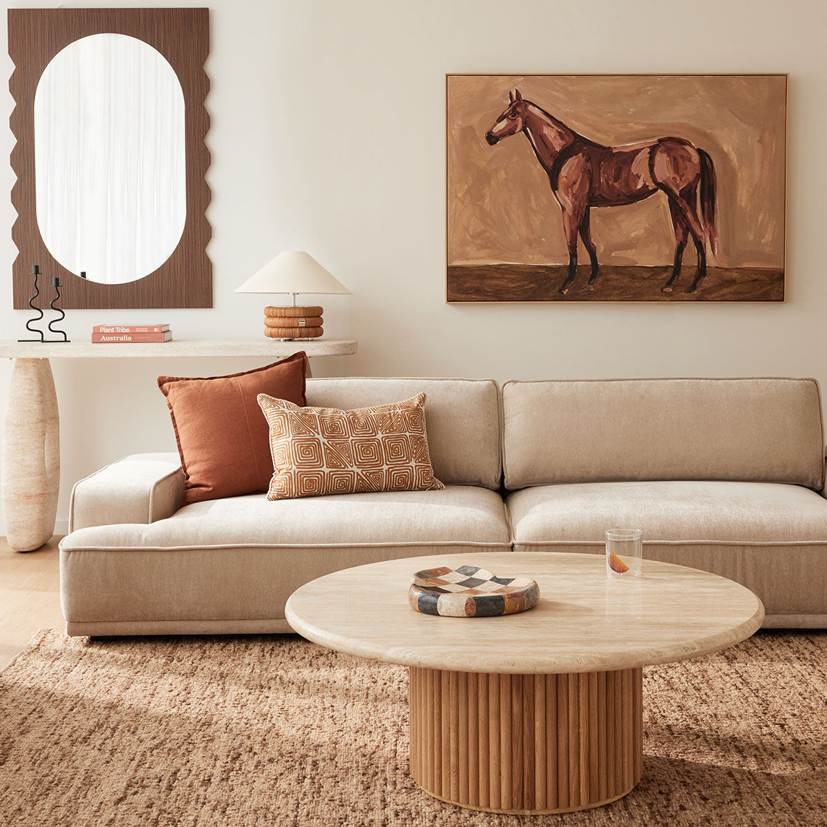 Modern Oak & Travertine Coffee Table - 100cm Round Mid-Century Style Living Room Centerpiece for Home Decor & Entertaining