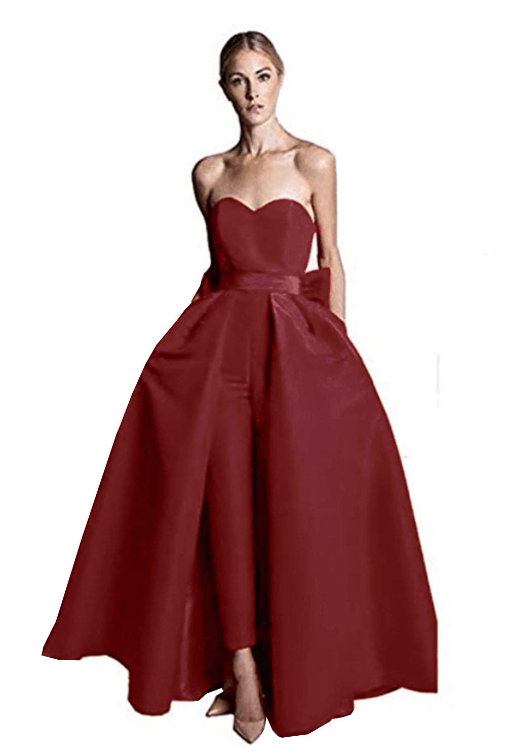 Emanni Women's Strapless Jumpsuit Wedding Dress with Detachable Skirt - Elegant Bridal Gown for Bride & Bridesmaids - Perfect for Wedding Ceremony, Reception & Formal Events (Wine Red)