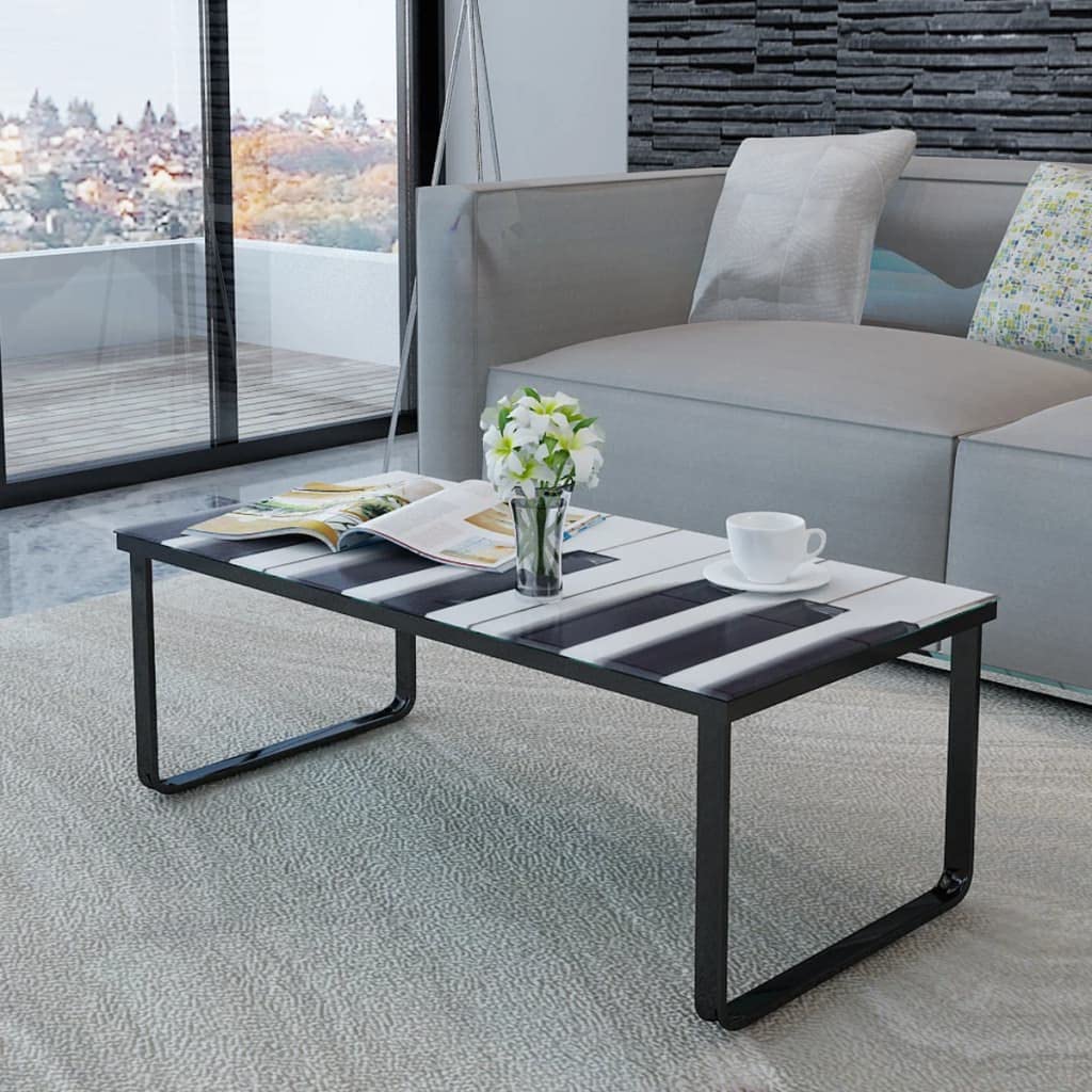 Modern SKM Coffee Table with Elegant Piano Print Glass Top - Perfect for Living Room, Lounge, and Office Decor