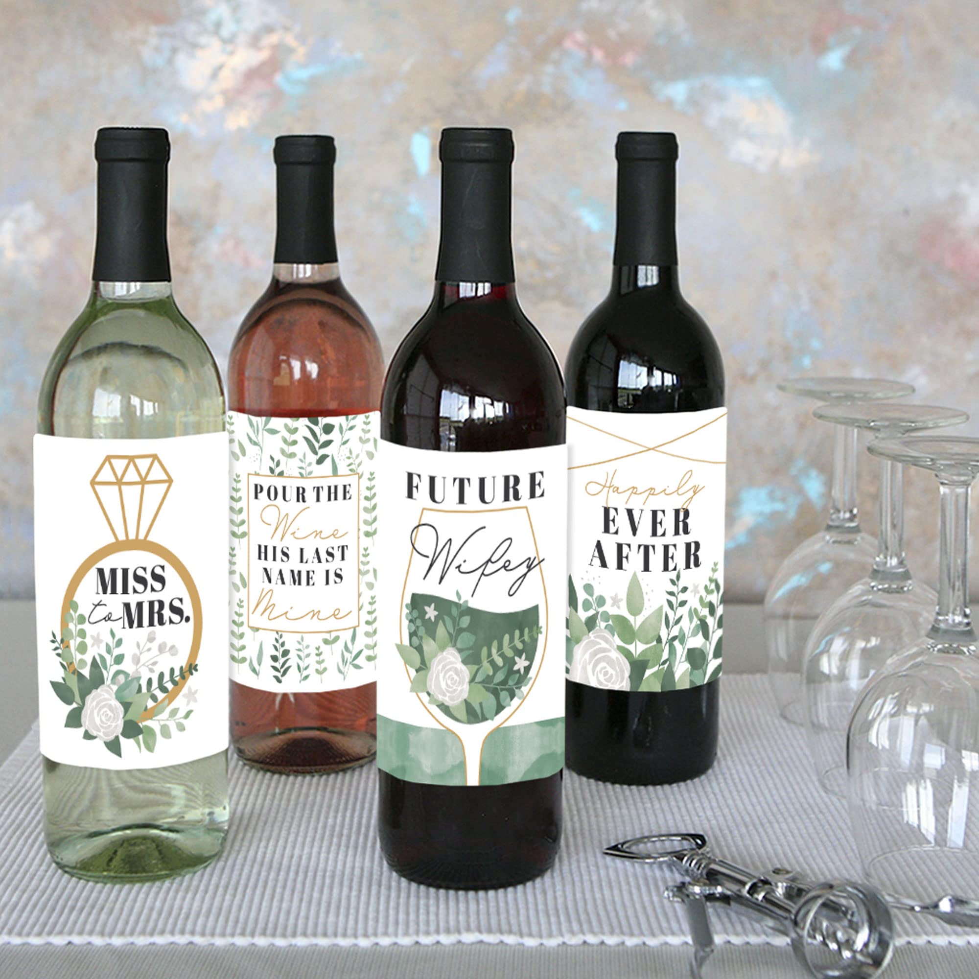 Boho Botanical Bride Wedding Decor - Greenery Bridal Shower Party Decorations for Women & Men - Set of 4 Wine Bottle Label Stickers - Perfect for Wedding, Anniversary & Romantic Events