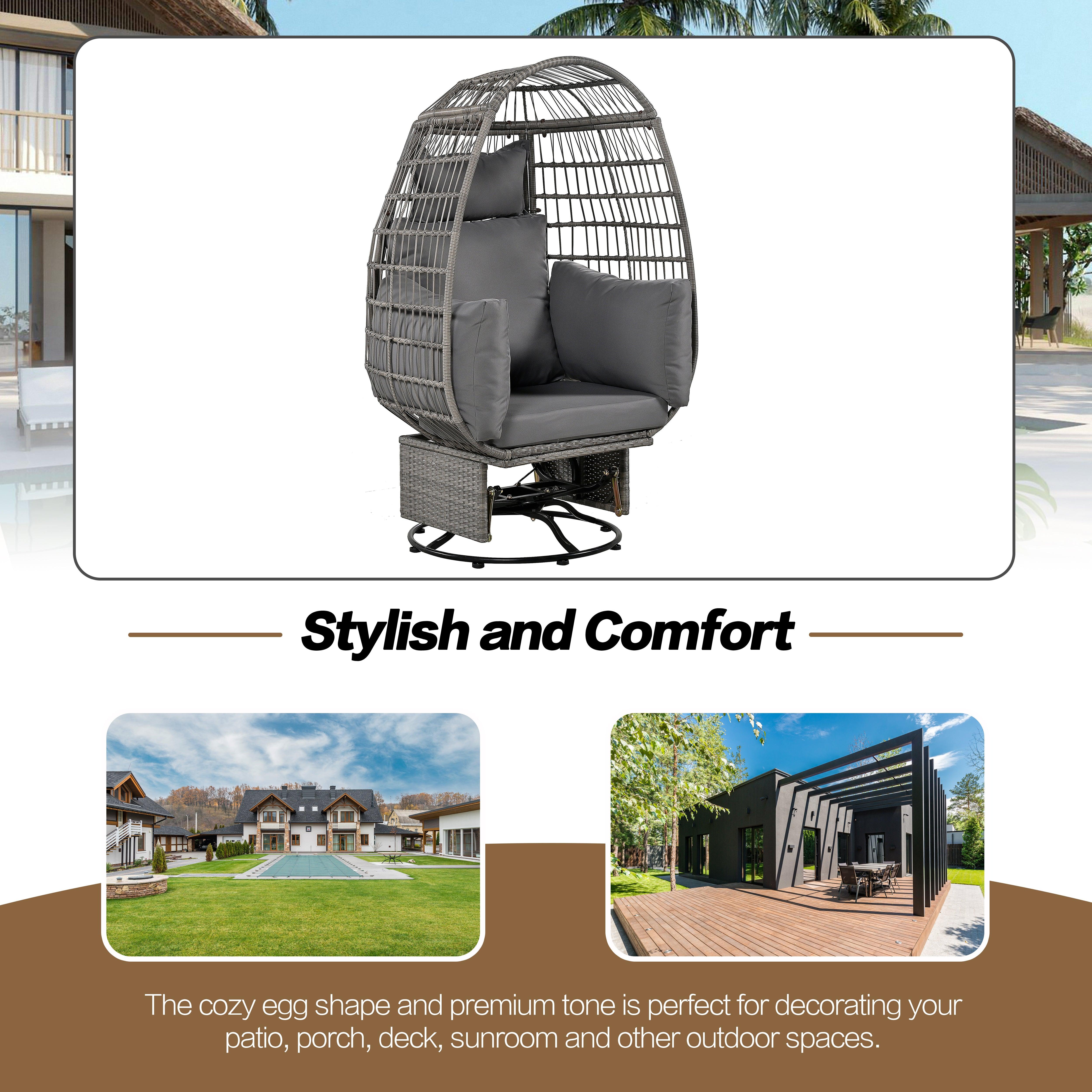 Outdoor Swivel Rocking Chair with Cushions - Rattan Egg Patio Chair for Balcony, Poolside, Garden - Perfect for Relaxing, Lounging & Sunbathing