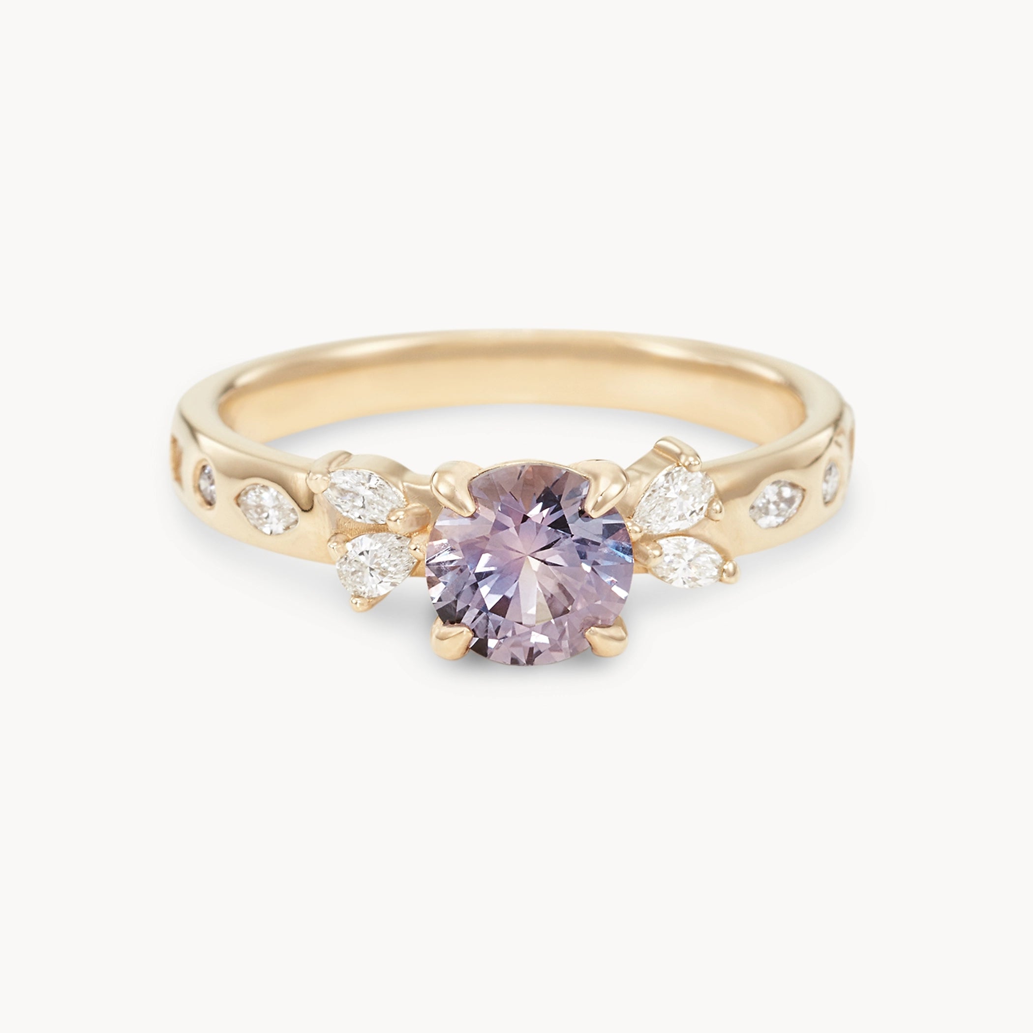 Unique 14K Yellow Gold Round Sapphire Blush Cascade Ring – Elegant Jewelry for Weddings, Anniversaries & Special Occasions