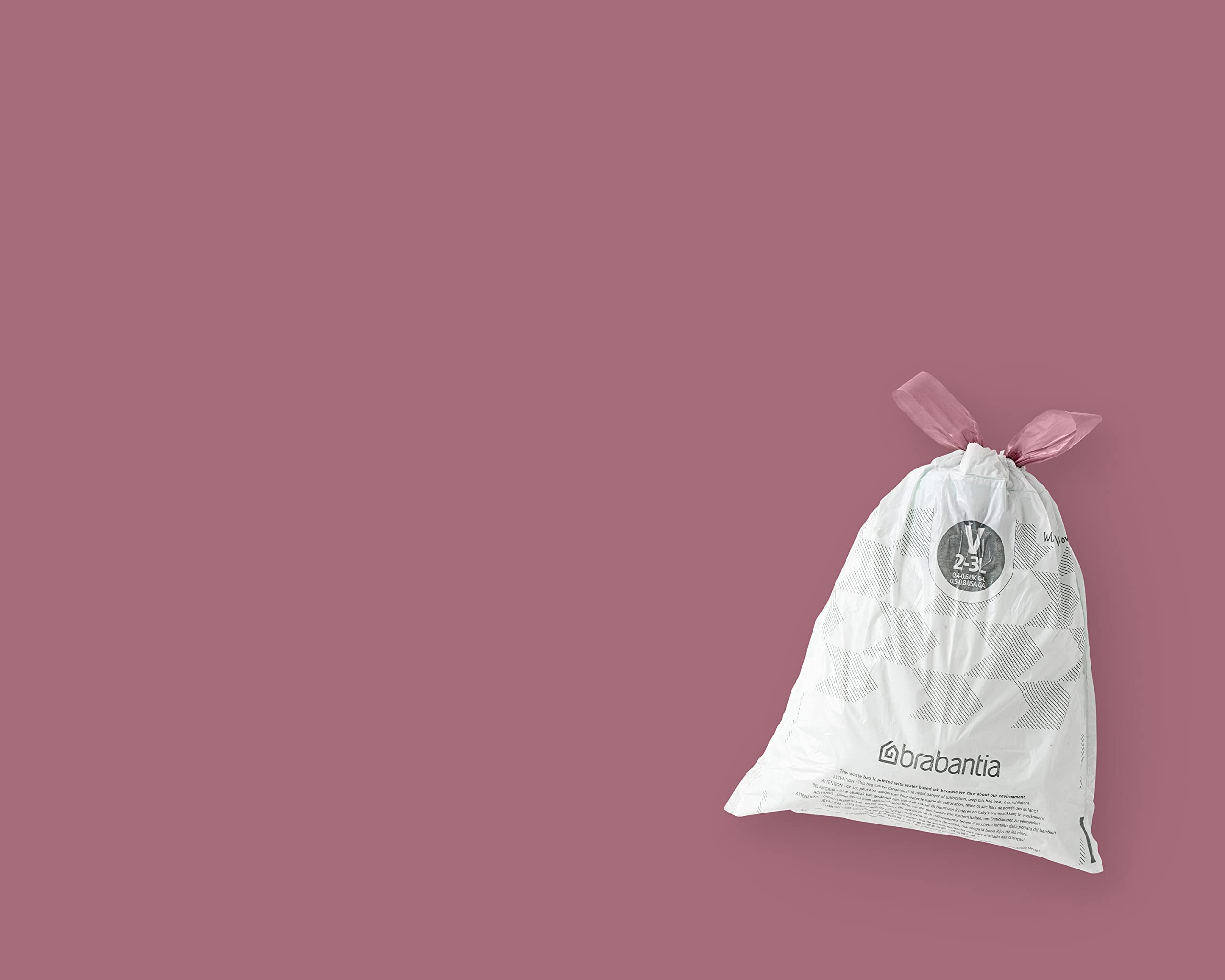 Brabantia PerfectFit Trash Bags - 200 Count, Size V (0.5-0.8 Gallon) - Thick Plastic Drawstring Trash Can Liners with Handles - Ideal for Small Bathroom, Office, or Bedroom Waste Bins