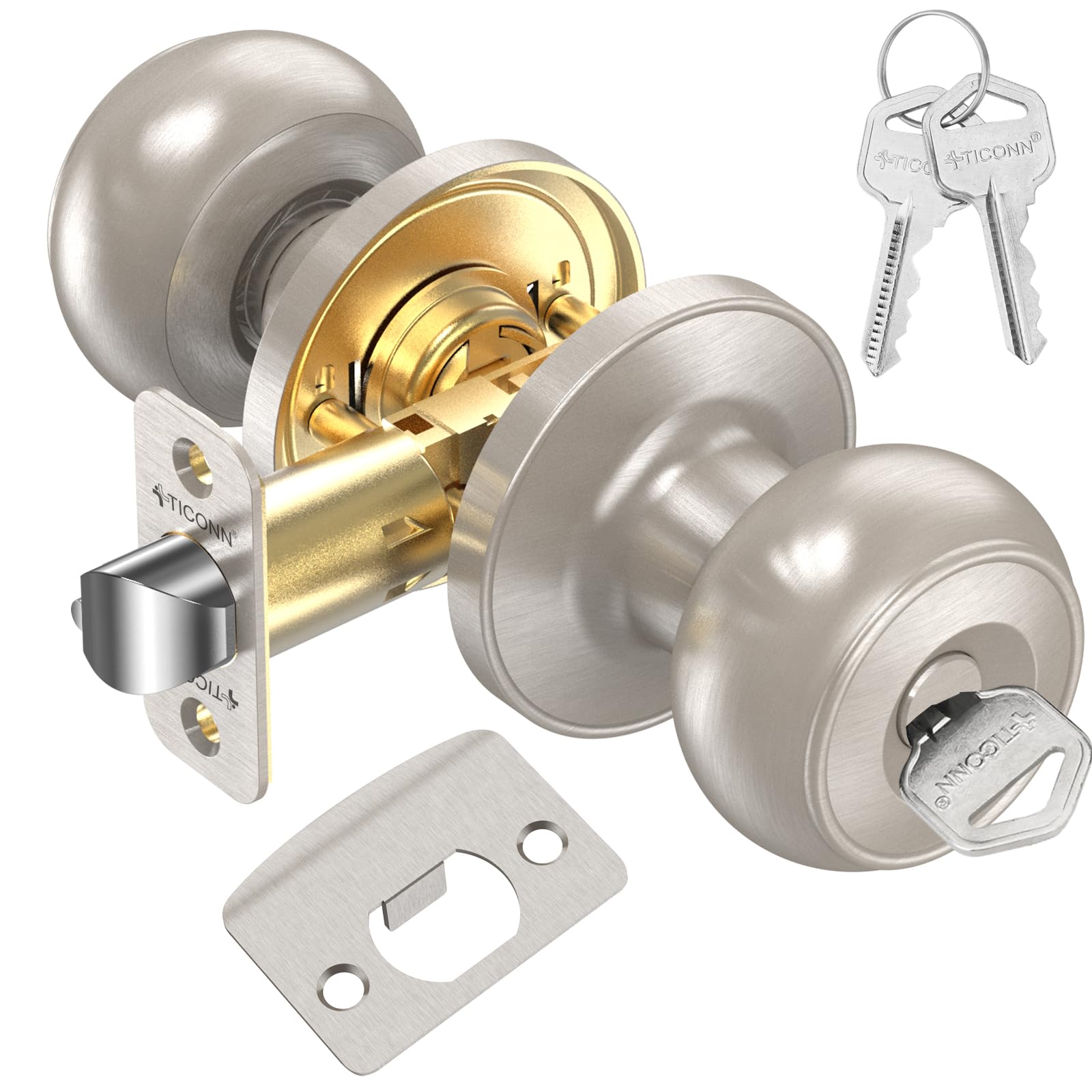 TICONN Round Door Knob with Deadbolt - Satin Nickel (1-Pack) for Bedroom & Bathroom Security