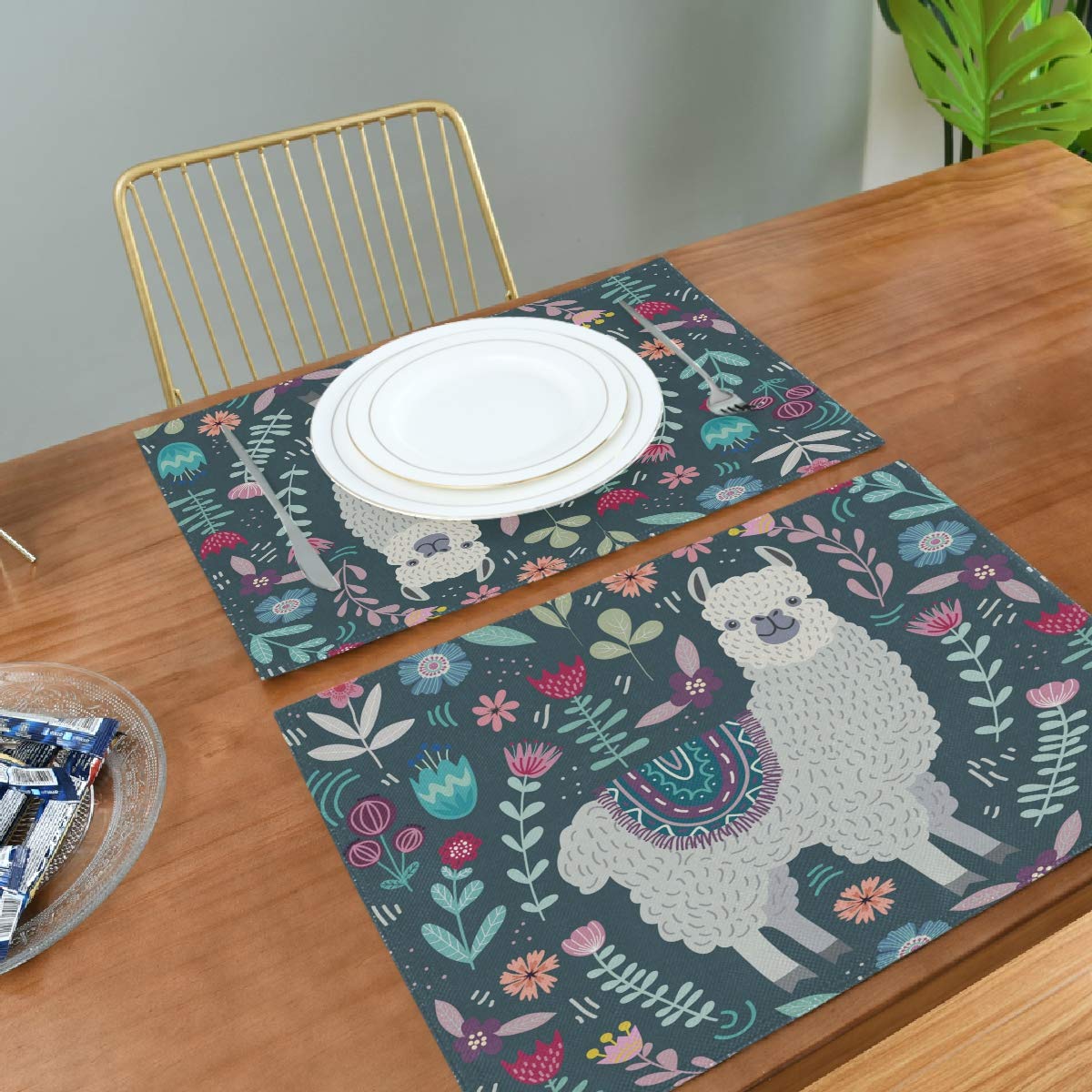 MOYYO Cute Llama Alpaca Floral Placemats - Heat & Stain Resistant Polyester Table Mats, Non-Slip Washable Dining Decor for Kitchen & Dining Tables - Perfect for Everyday Meals, Parties, and Home Decor (1 Piece)