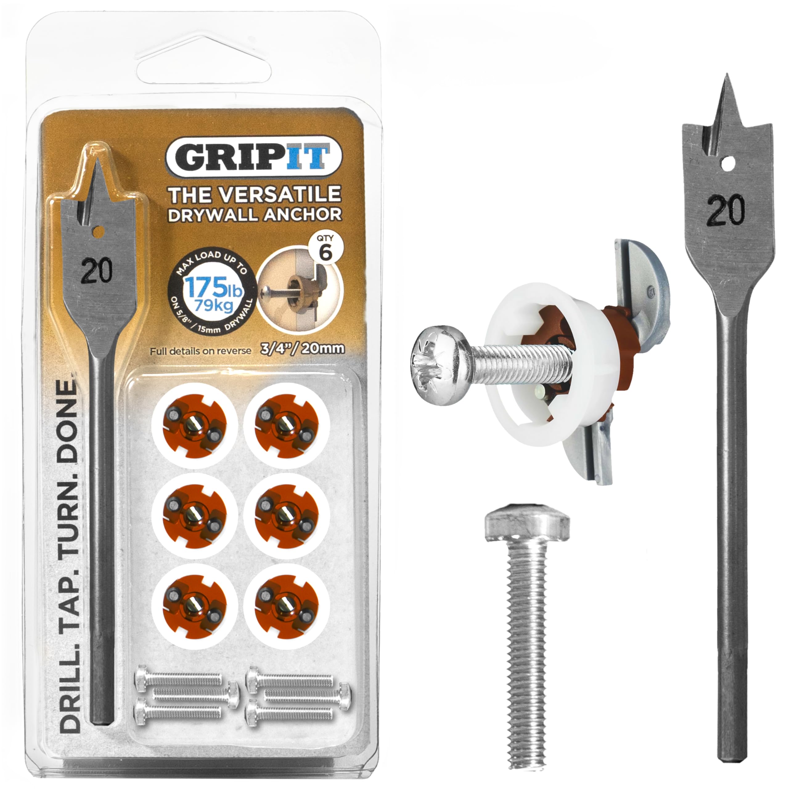 Heavy Duty Brown Drywall Anchors (175Ibs/79kg Capacity) - Wall Anchors with Screws Kit for Drywall & Plaster - Includes 3/4