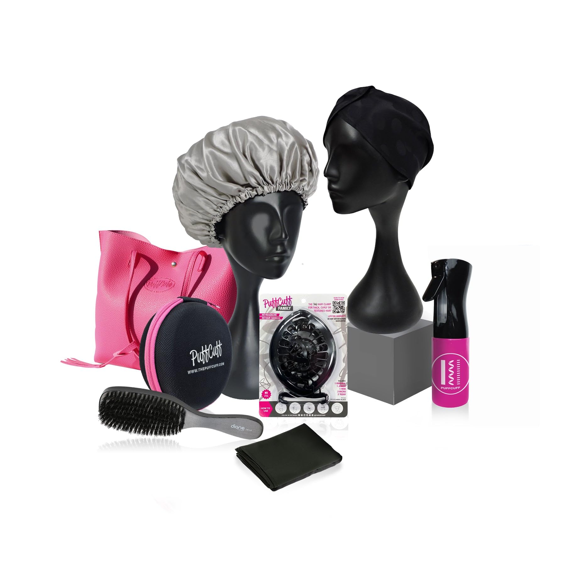 PuffCuff Hair Care Bundle - TangleMaster Detangling Brush, 360° Misting Spray Bottle, 100% Silk Bonnet & Boar Bristle Brush for Curly, Kinky & Textured Hair - Prevent Breakage & Reduce Frizz for Daily Styling & Nighttime Protection