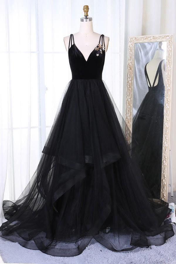 Elegant Black A-Line V-Neck Pleated Tulle Prom Dress with Sweep Train - Perfect for Homecoming, Formal Dances & Special Occasions - TP0177