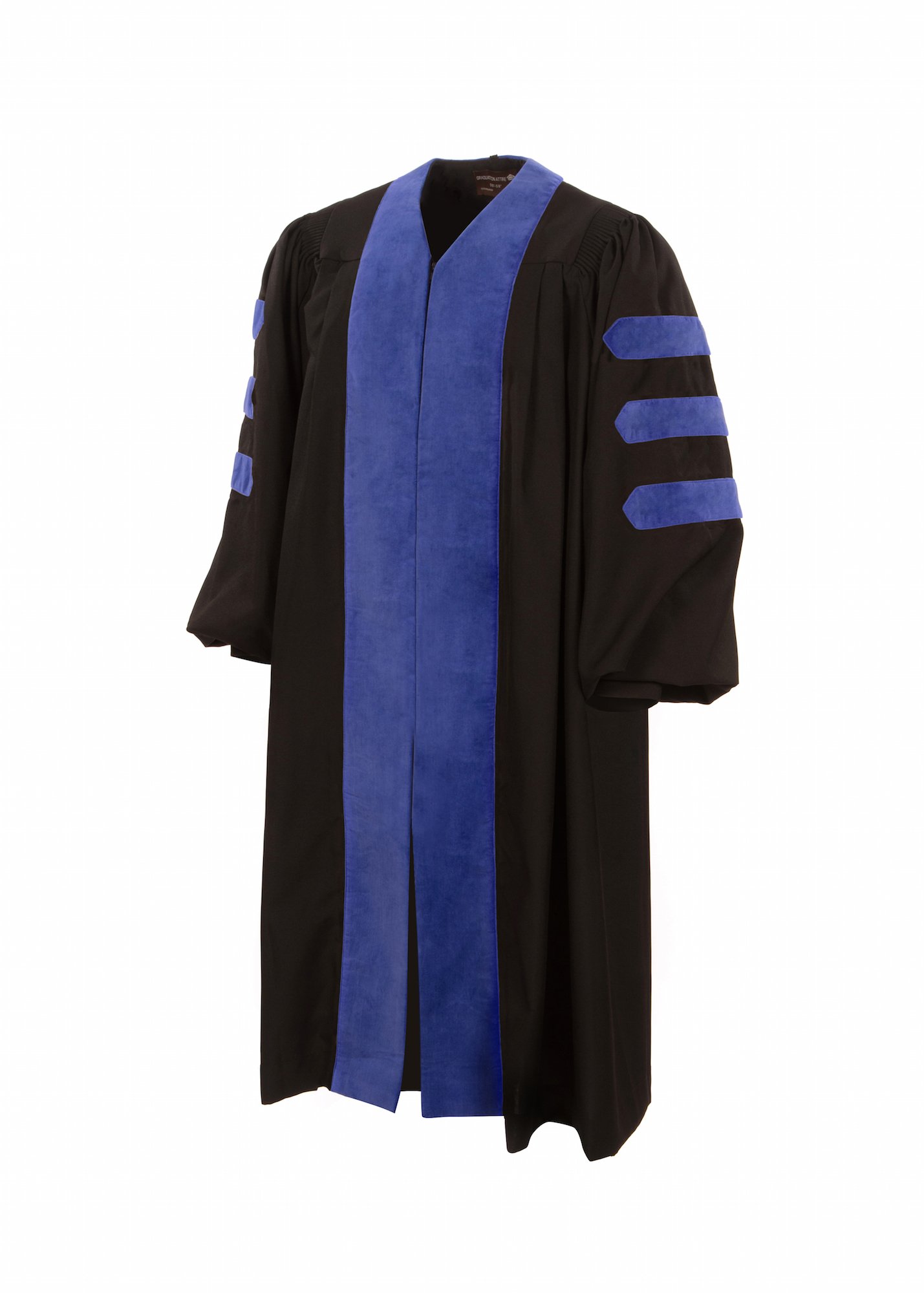 American Doctoral Gown - Black with Royal Blue Velvet Trim, No Piping | Premium Graduation Robe for PhD Ceremonies & Academic Events