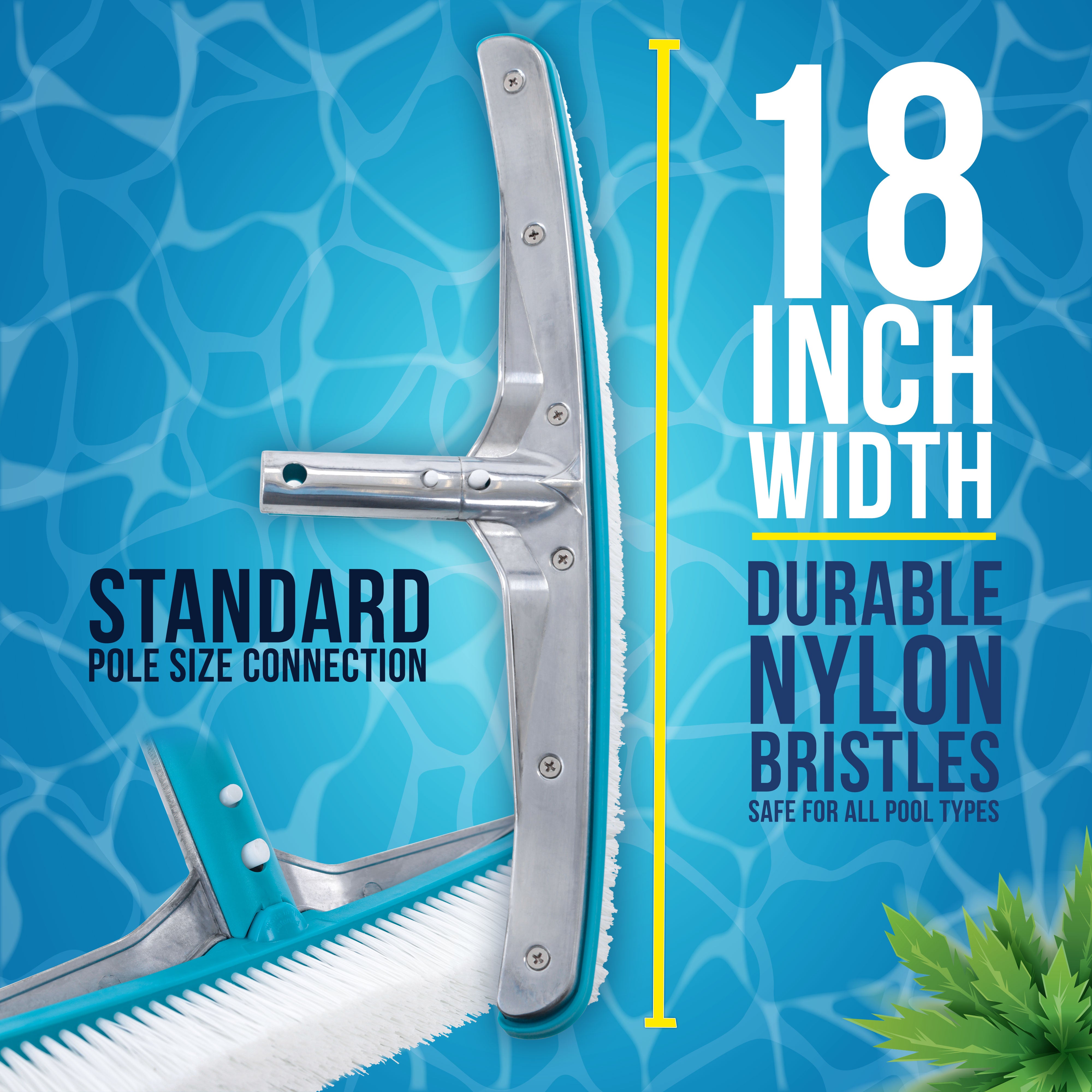 Professional 18-Inch Aluminum Wall & Floor Pool Brush with Heavy-Duty Nylon Bristles | EZ Clip Handle & Reinforced Curved Ends | Durable Cleaning Tool for In-Ground & Above Ground Pools | Ideal for Weekly Pool Maintenance & Tile Scrubbing