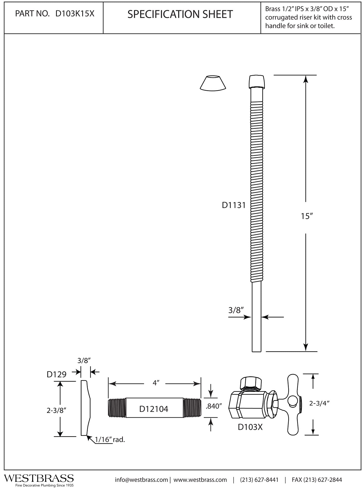 Westbrass D103K15X-12 15-Inch Corrugated Water Supply Line Kit with Cross Handle, 1/2