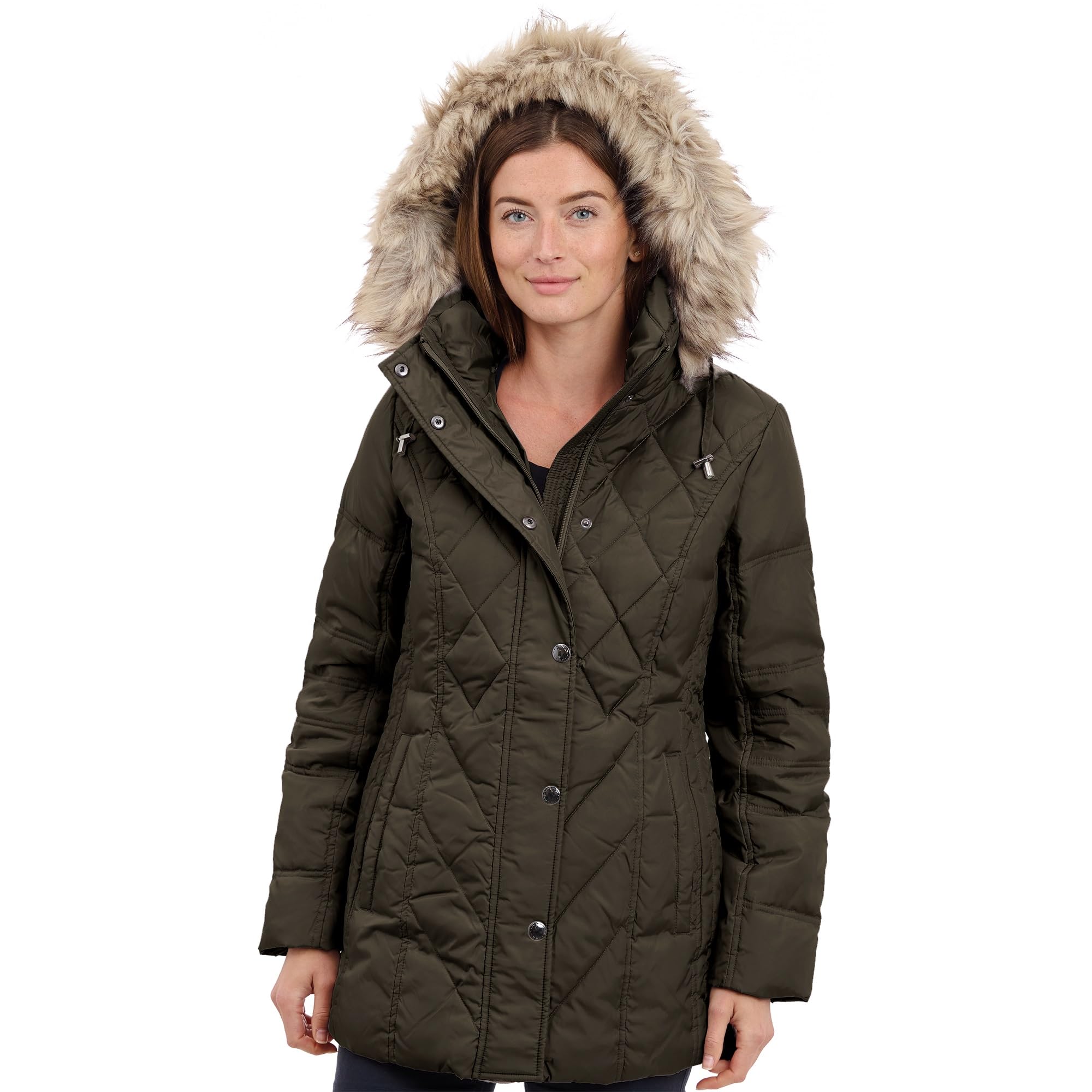 London Fog Women's Diamond Quilted Down Coat - Warm Winter Jacket with Hood, Water-Resistant, Lightweight Puffer Coat for Cold Weather - Perfect for Snow, Travel & Outdoor Activities