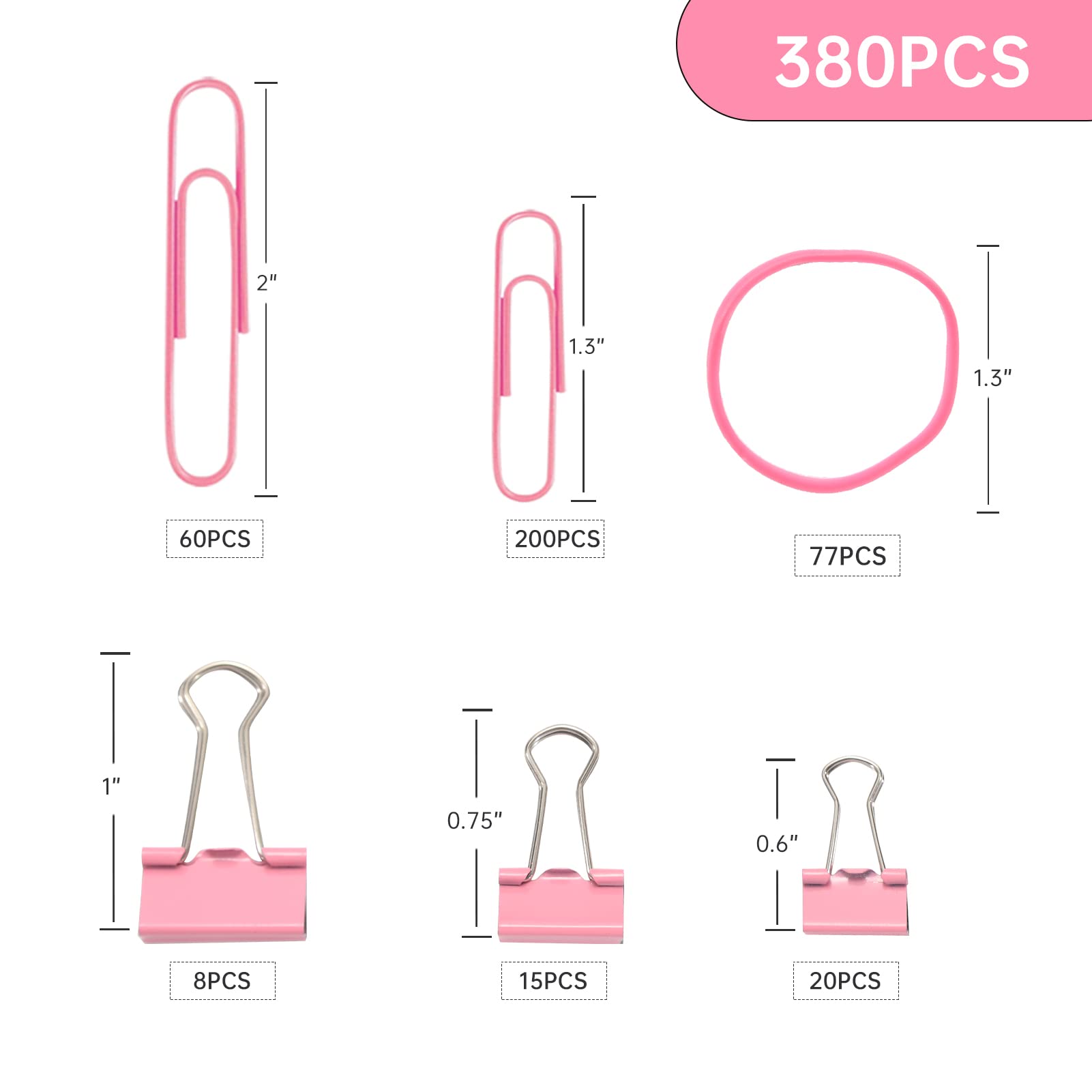 380 PCS Pink Binder Clips & Paper Clips Set - Assorted Sizes Office Supplies with Rubber Bands for Organizing Files, Documents, School Projects & Home Office Use
