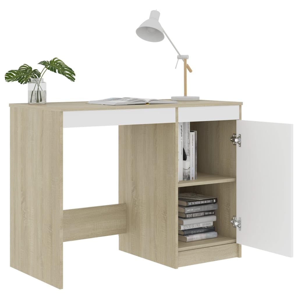 Modern White and Sonoma Oak Finish Sleek Desk - Engineered Wood Construction with Integrated Storage Cabinet - Scandinavian Design Home Office Desk (39.4”x19.7”x29.9”) - Perfect for Small Spaces, Work from Home & Study Rooms