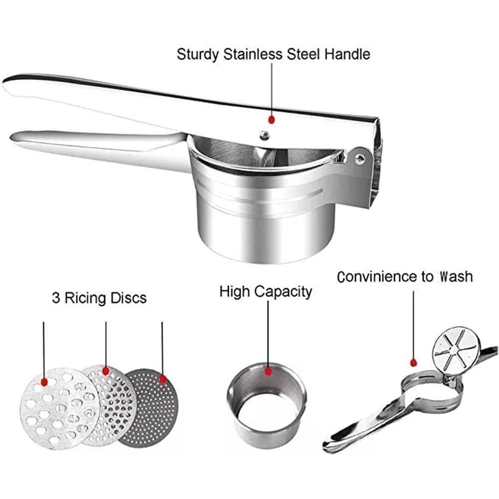 Stainless Steel Potato Ricer with 3 Interchangeable Discs - Perfect for Making Smooth Mashed Potatoes, Baby Food & Purees - Ideal for Home Cooking, Restaurants & Meal Prep