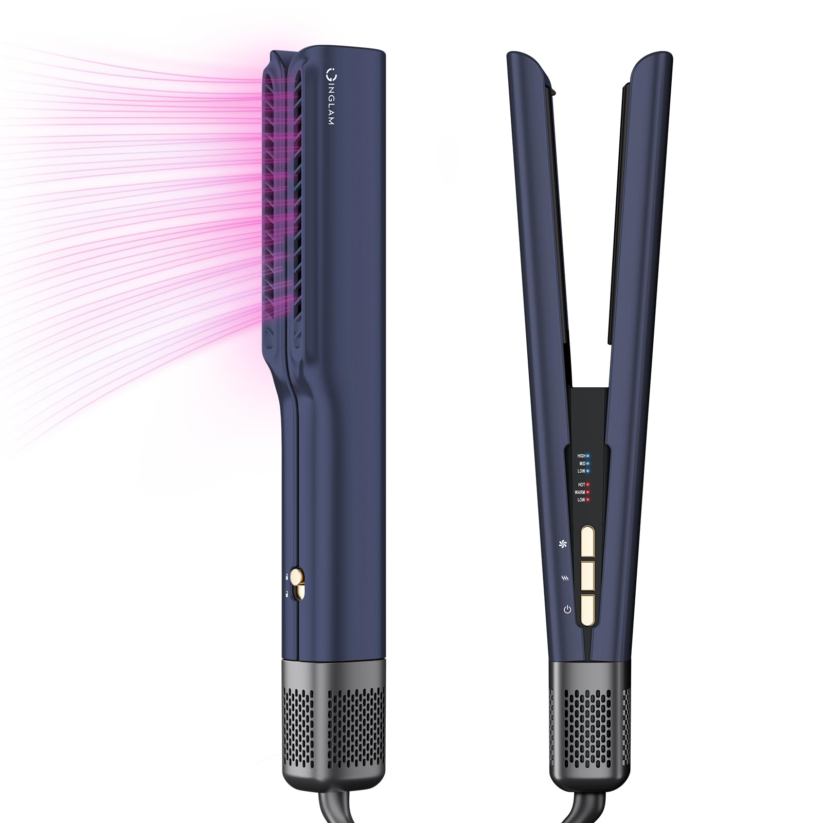 INGLAM 2-in-1 Ionic Hair Dryer Straightener for Medium to Long Hair (14”-30”) - Fast Drying & Straightening in One Step - Dark Blue Professional Styler - Perfect for Home Use, Travel & Salon Styling