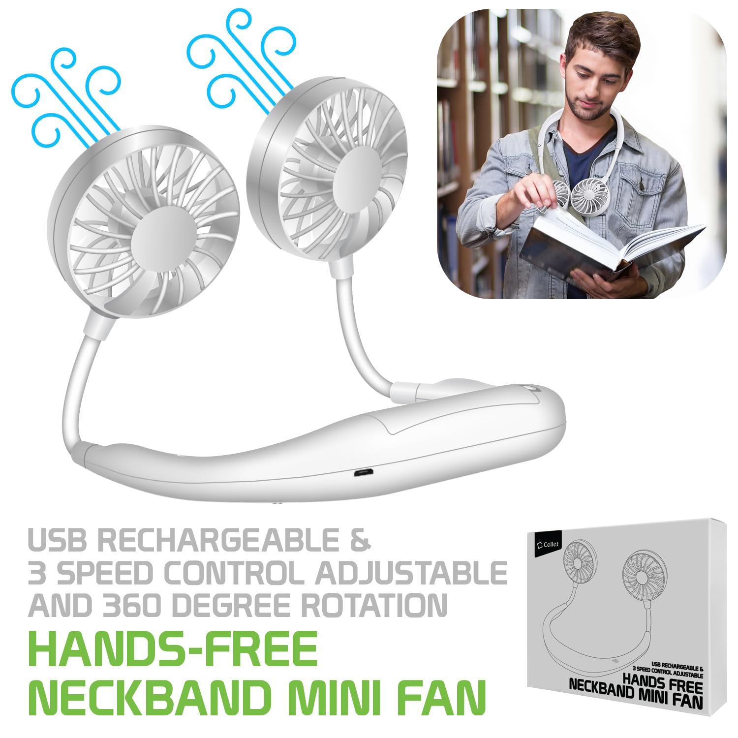 Cellet Hands-Free Portable Neck Fan - Rechargeable USB Mini Fan with Double-Side Cooling for Outdoor, Travel, Office & Gym (White)