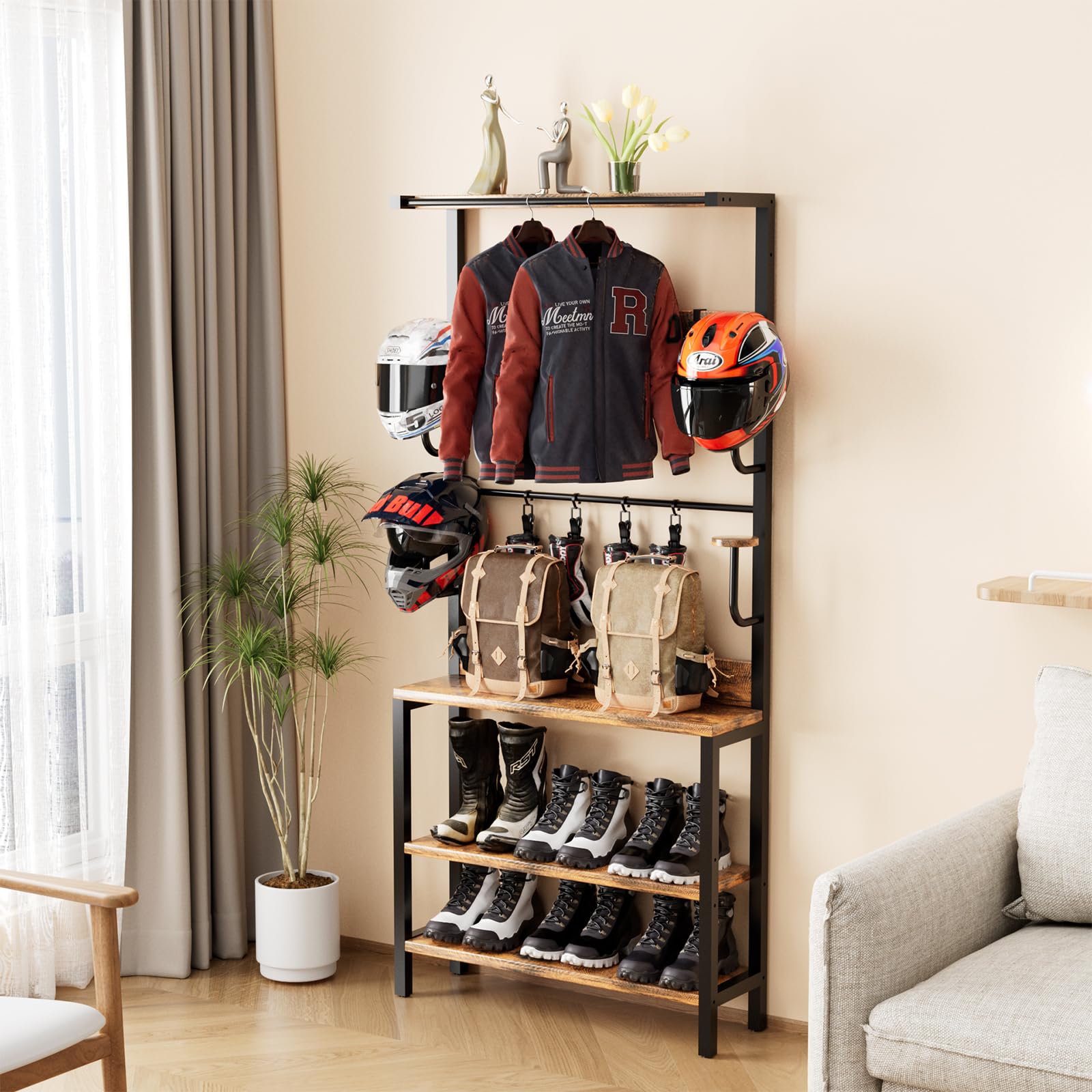 Motorcycle Helmet Holder - Floor & Wall Mounted Stand with Helmet Rack, 4 Glove Chips & 4 Hooks - Rustic Design for Most Helmets - Perfect for Garage, Shed, or Workshop Organization