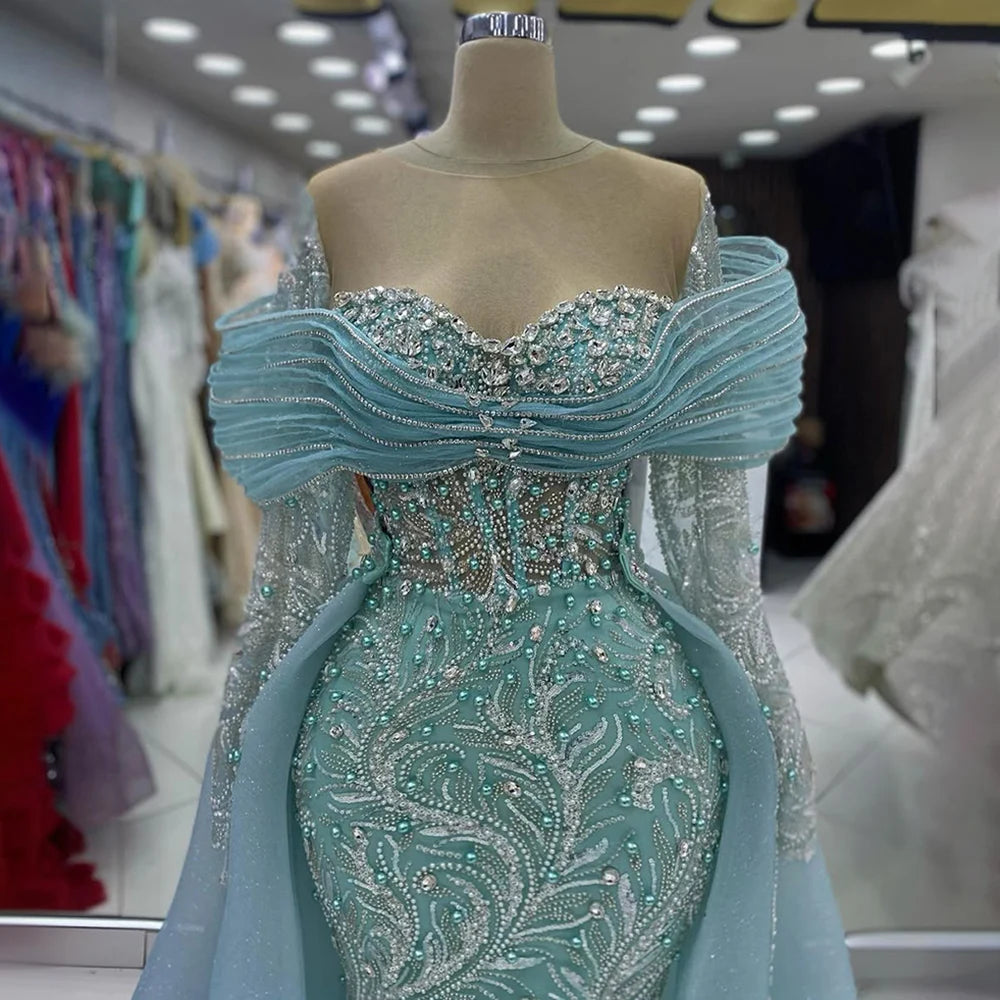 Elegant Navy Blue Long Sleeve Evening Gown with Detachable Overskirt LA72841 - Perfect for Formal Events, Prom Dresses & Wedding Guest Outfits