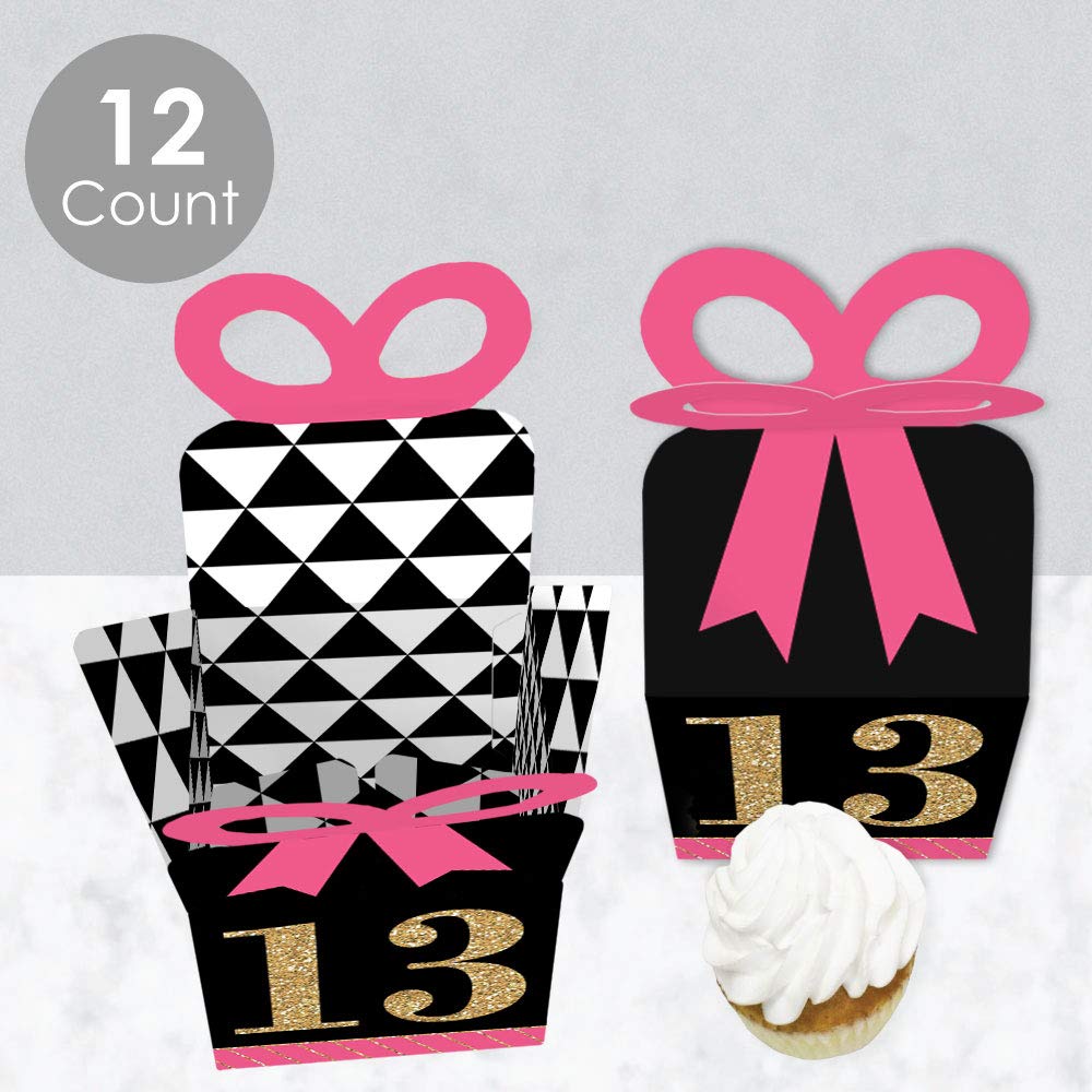 Chic 13th Birthday Gift Boxes - Pink, Black & Gold - Set of 12 for Party Favors
