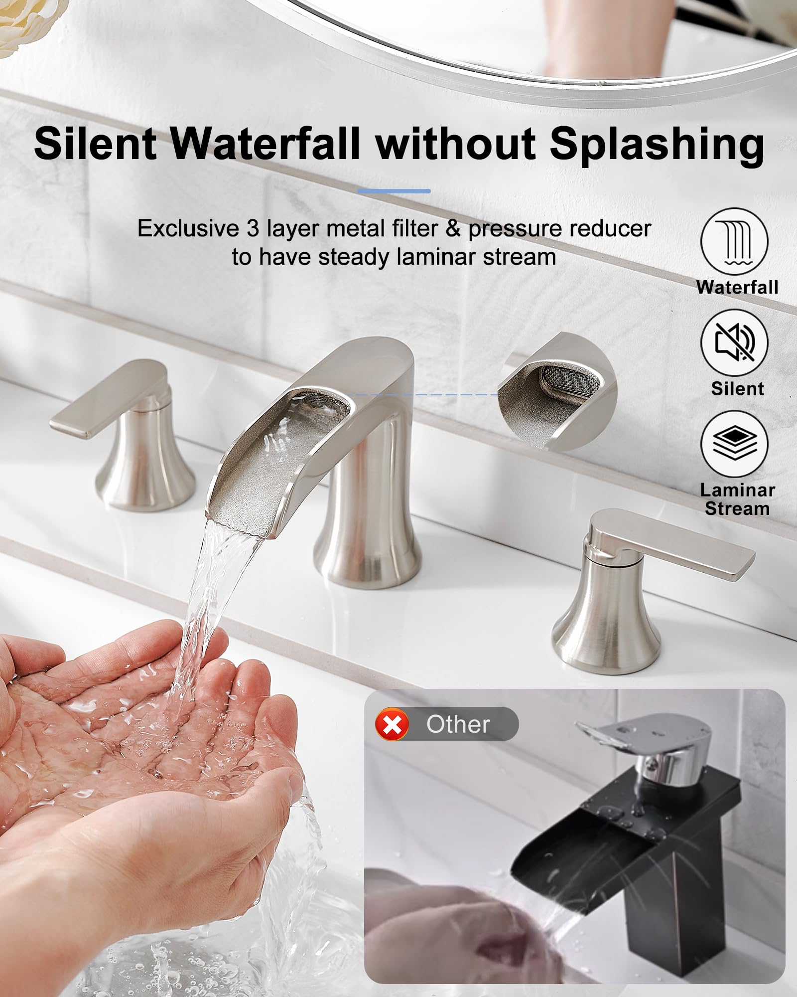 Brushed Nickel Widespread Bathroom Faucet - 8 Inch 2-Handle Waterfall Sink Faucet for Vanity, Solid Brass 3-Hole Mount with Pop-Up Drain - Perfect for Modern Bathroom, Lavatory & Restroom Renovations
