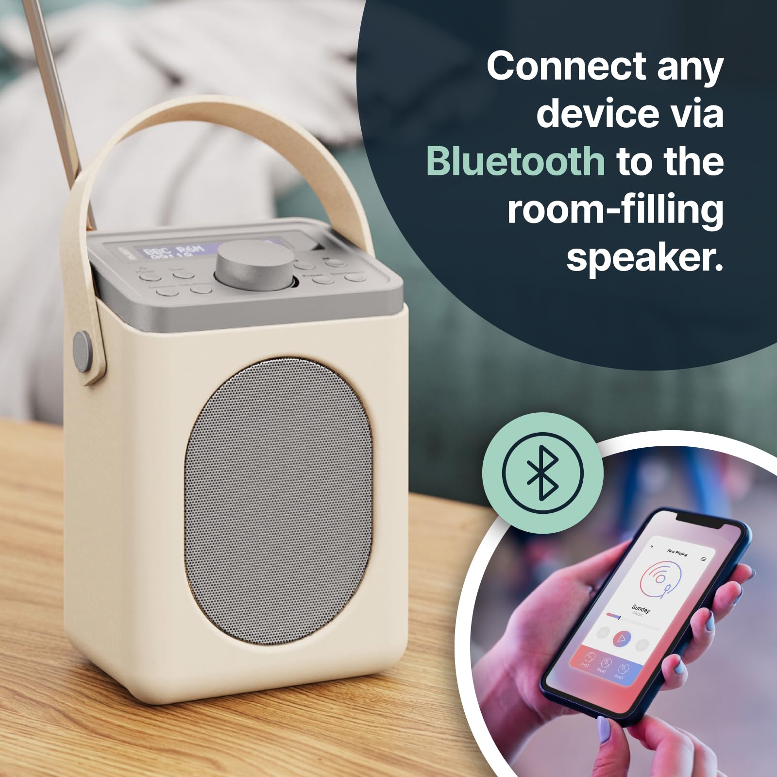Portable DAB+ Digital Radio with Bluetooth 5.0 | 15-Hour Rechargeable Battery & AC Power | Dual Alarm Clock with Snooze | 20+ Presets, FM Tuner, LED Display, 3.5mm Headphone Jack | MAJORITY Little Shelford (Cream Grey) | Perfect for Bedroom, Kitchen, Office & Travel
