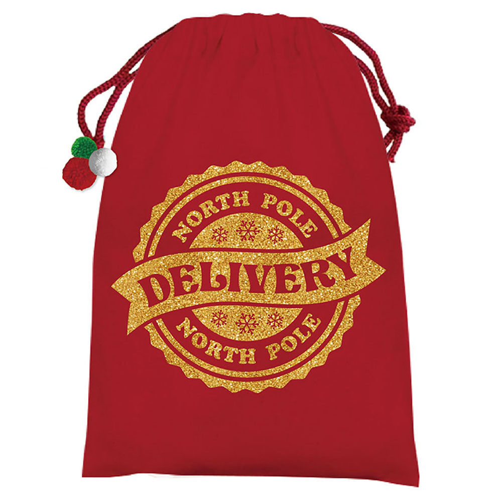 North Pole Christmas Delivery Drawstring Bag with Pom Poms - 24x36 Inch Canvas Gift Sack for Holiday Presents & Party Favors | Perfect for Santa Gifts, Stocking Stuffers & Festive Decorations