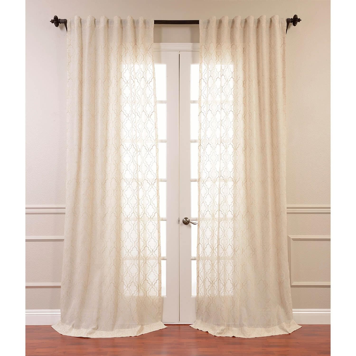 Saida Natural Embroidered Geometric Pattern Faux Linen Sheer Curtains - Elegant Window Treatment for Living Room, Bedroom & Dining Room