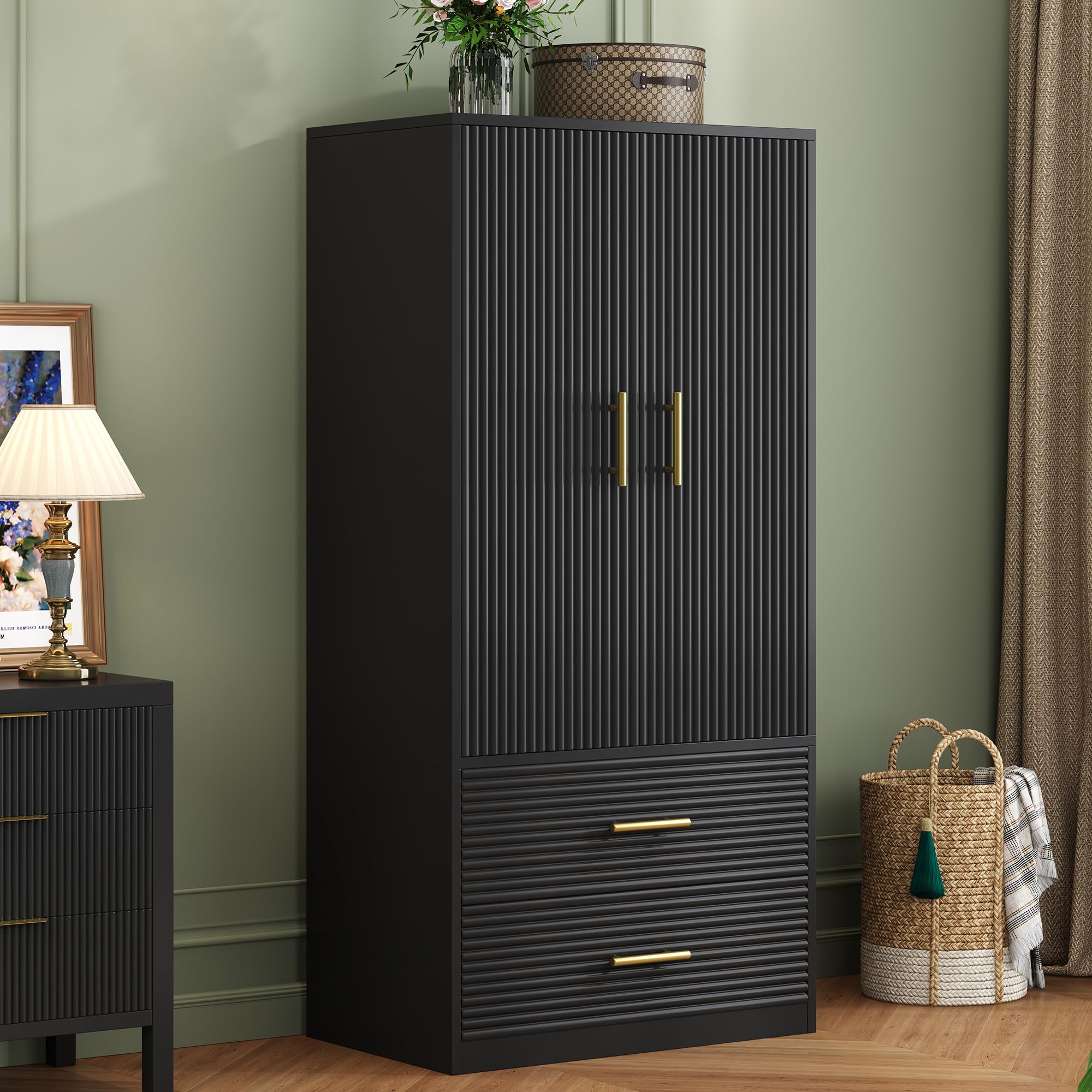 2-Door Freestanding Wardrobe Closet with Hanging Rod & 2 Drawers - Farmhouse Style Storage Cabinet for Bedroom, Black - Perfect for Small Spaces, Guest Rooms & Dorm Organization