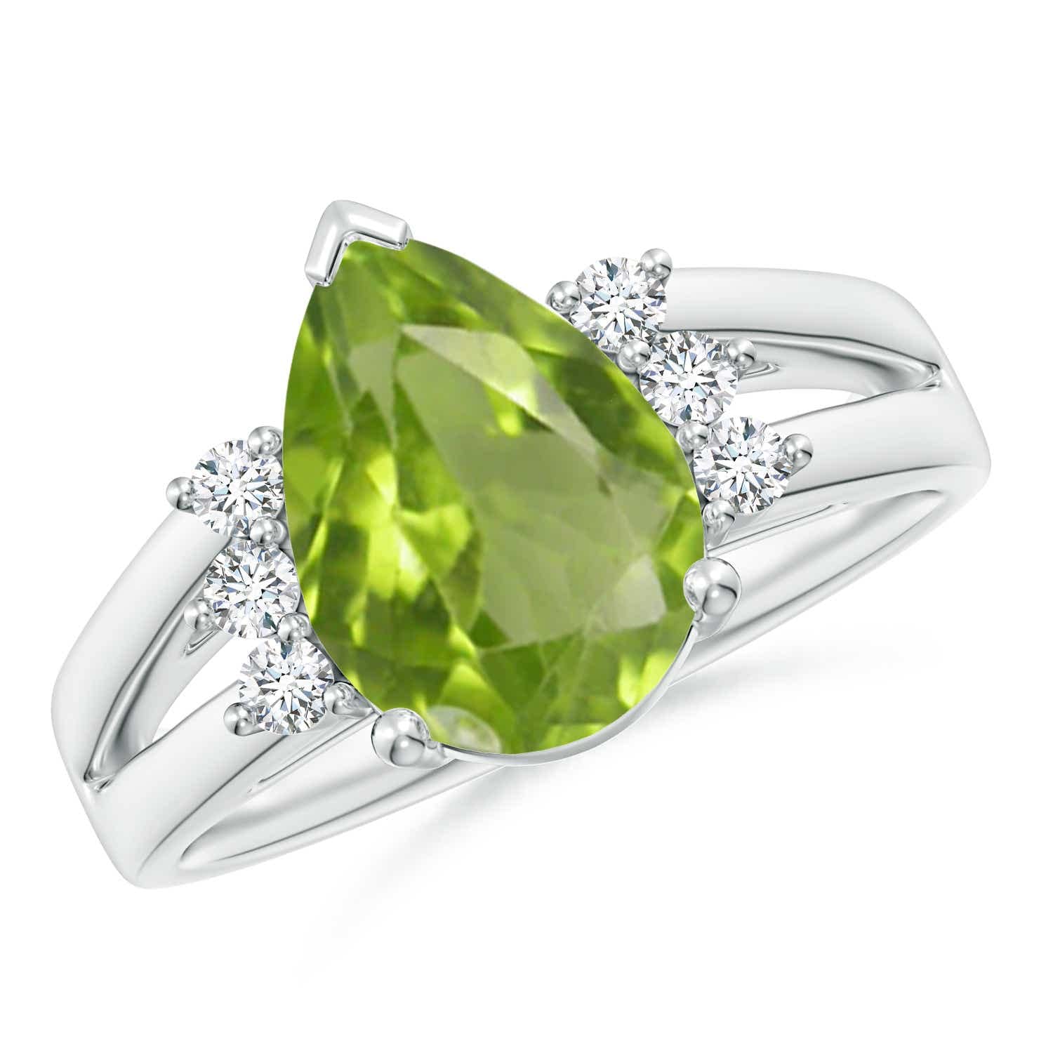Platinum Pear Peridot Ring with Triple Diamond Accents - 12x8mm Oval Cut Green Gemstone Jewelry for Women, Perfect for Engagement, Anniversary & Special Occasion Gifts