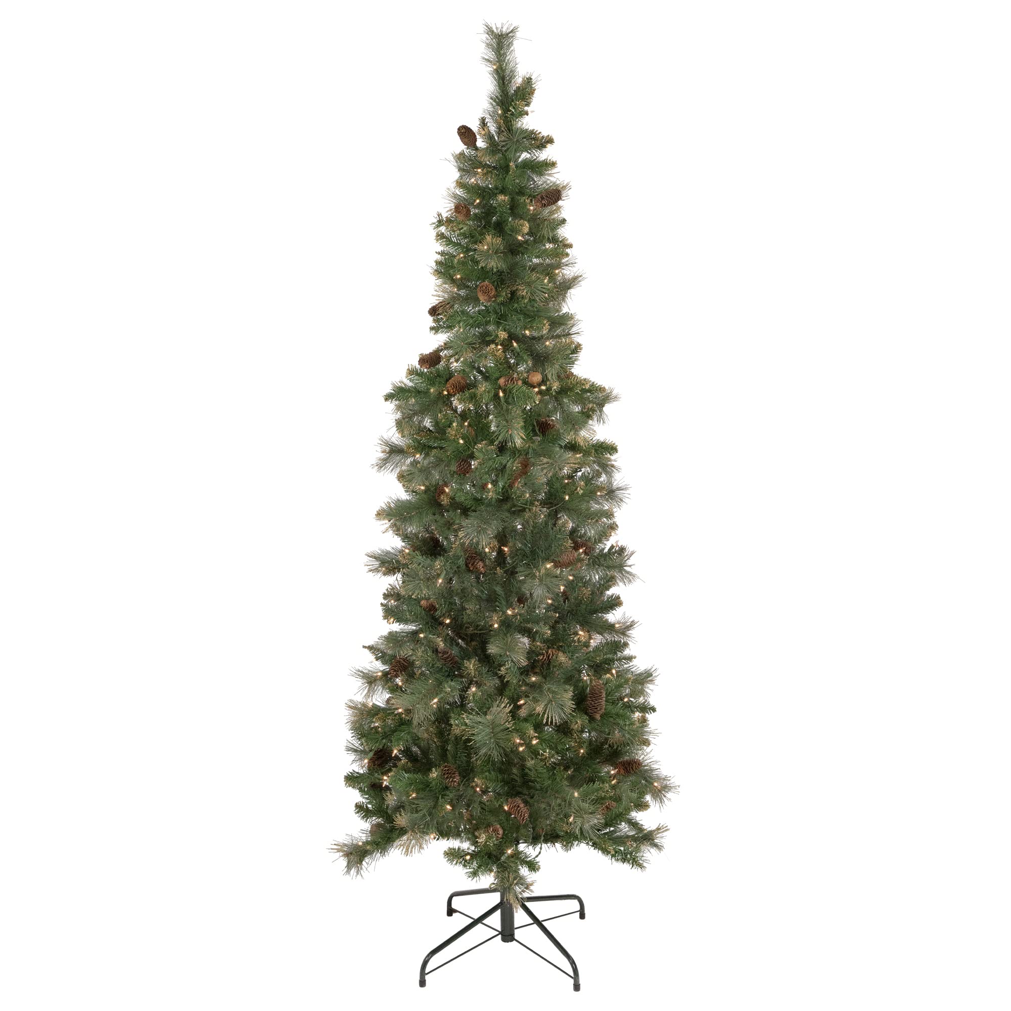 7ft Pre-Lit Yorkshire Pine Pencil Artificial Christmas Tree with Clear Lights - Slim Green Holiday Decor for Small Spaces, Apartments & Office Decorations
