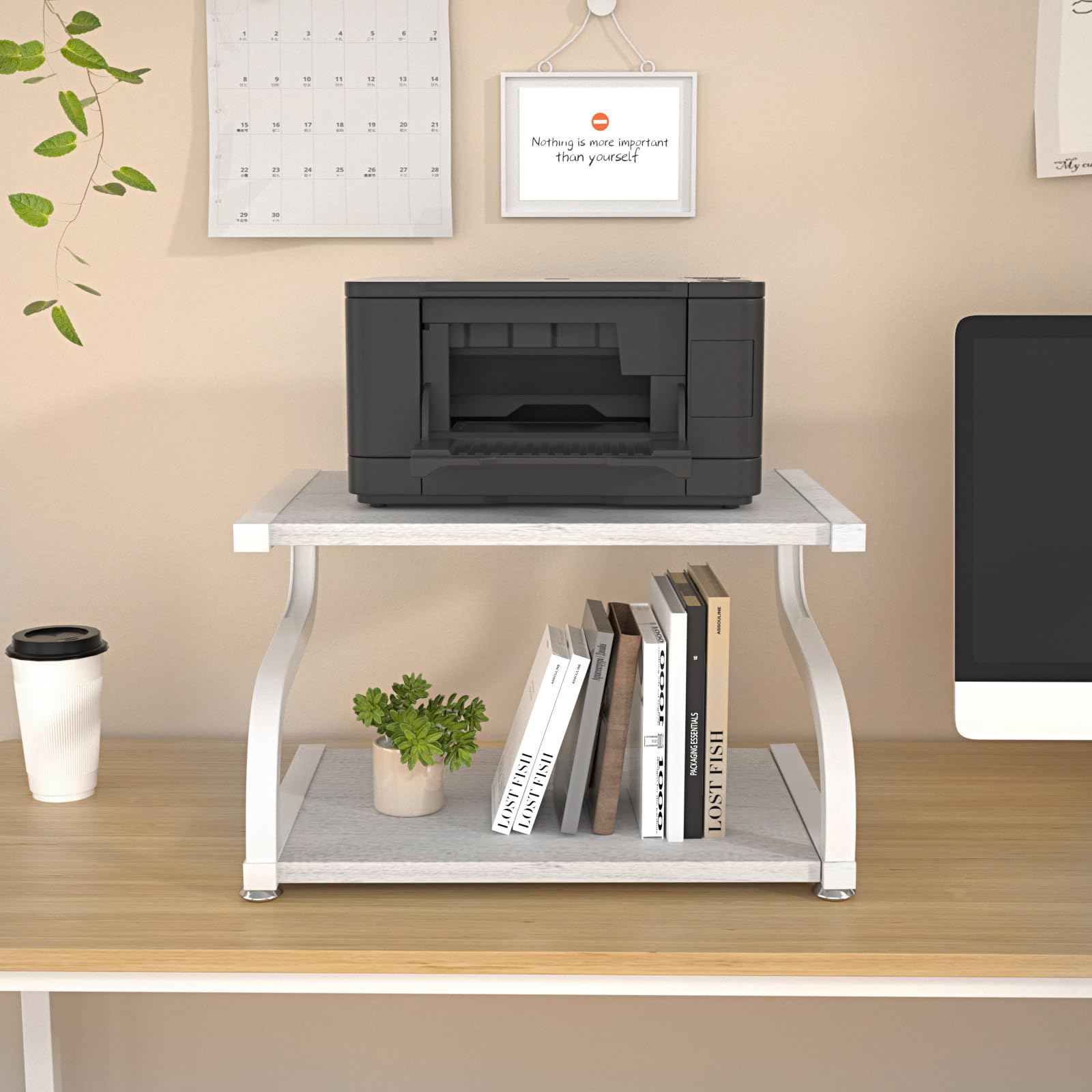 2-Tier Heavy Duty Wooden Printer Stand with Storage - Anti-Slip Desktop Shelf Organizer for Home & Office Workspace - Perfect for Printer, Scanner, and Office Supplies Organization (White)