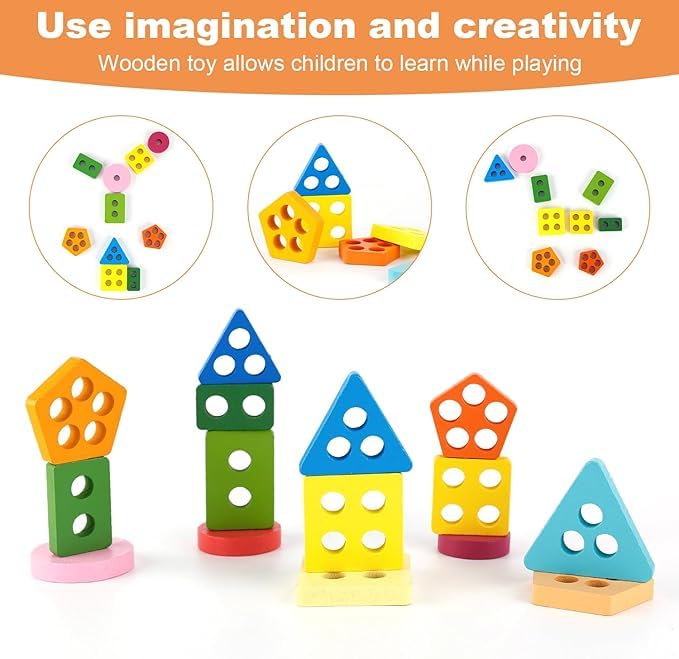 Montessori Wooden Stacking Toys for Toddlers - Safe Peg-Free Shape Sorter Learning Toys | Educational Preschool Toys for Babies & Kids | Perfect Birthday Gift for Various Game Play & Early Childhood Development | Ideal for Home, Classroom & Daycare Activities