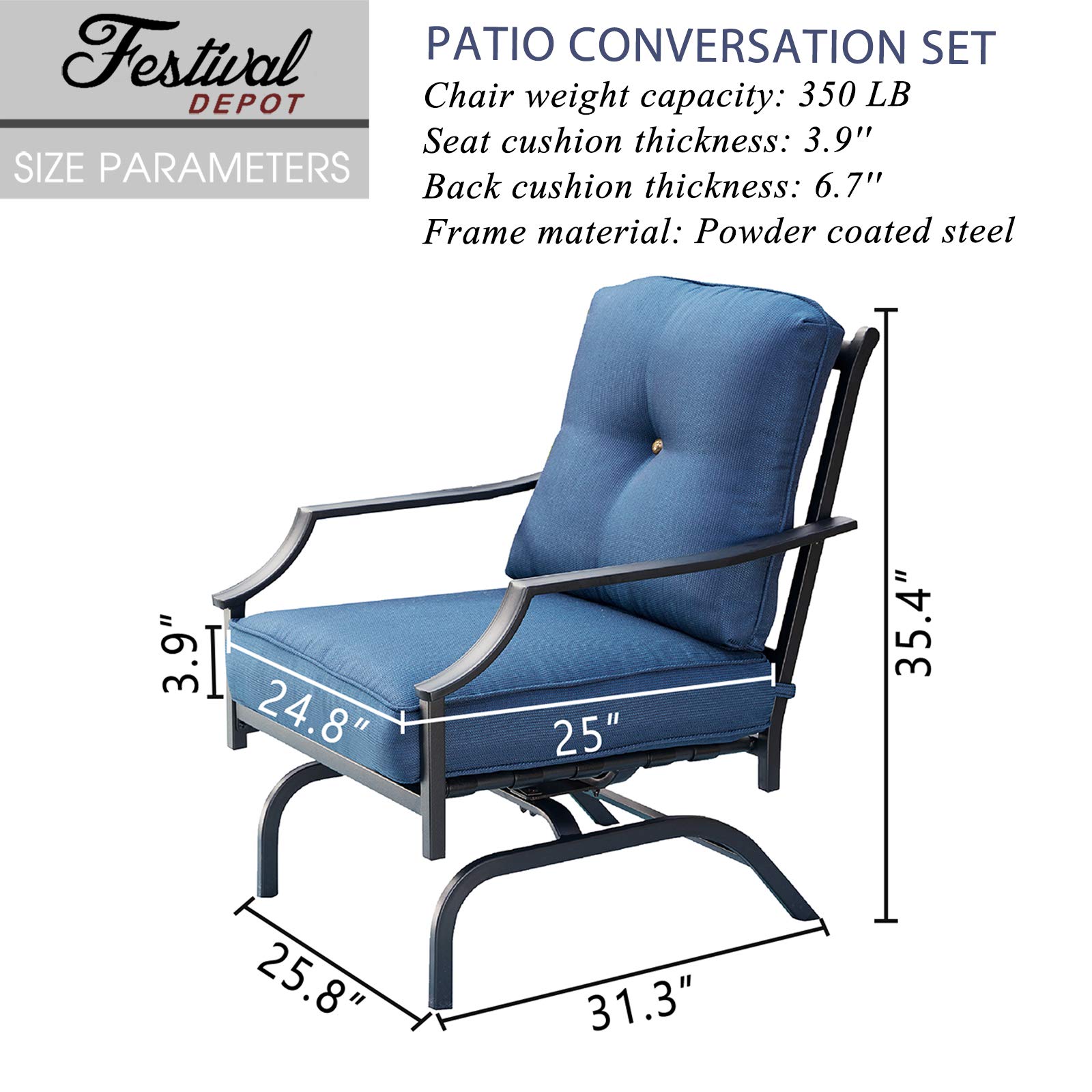 Festival Depot 2-Piece Patio Dining Chair Set - Metal Armchairs with Thick Cushions, Outdoor Furniture for Bistro, Garden, Poolside & Backyard (Blue) - Perfect for Relaxing & Entertaining