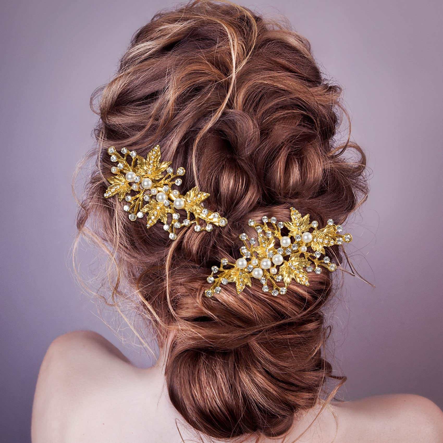 PAGOW 2Pcs Rhinestone Pearl Hair Clips - Gold Leaf Crystal Flower Wedding Headpiece for Brides, Women & Girls | Perfect for Bridal Showers, Weddings, Prom & Special Occasions