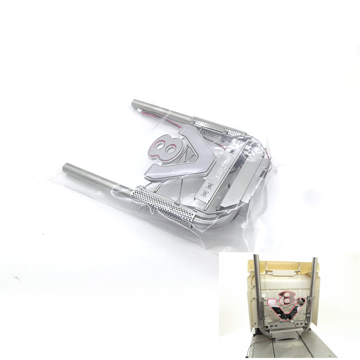 1:14 Scale RC Tractor Truck Metal Exhaust Pipe Chimney with V8 Light - DIY Upgrade Kit for Tamiya 56323 - Perfect for Radio Control Hobbies & Off-Road Truck Simulation
