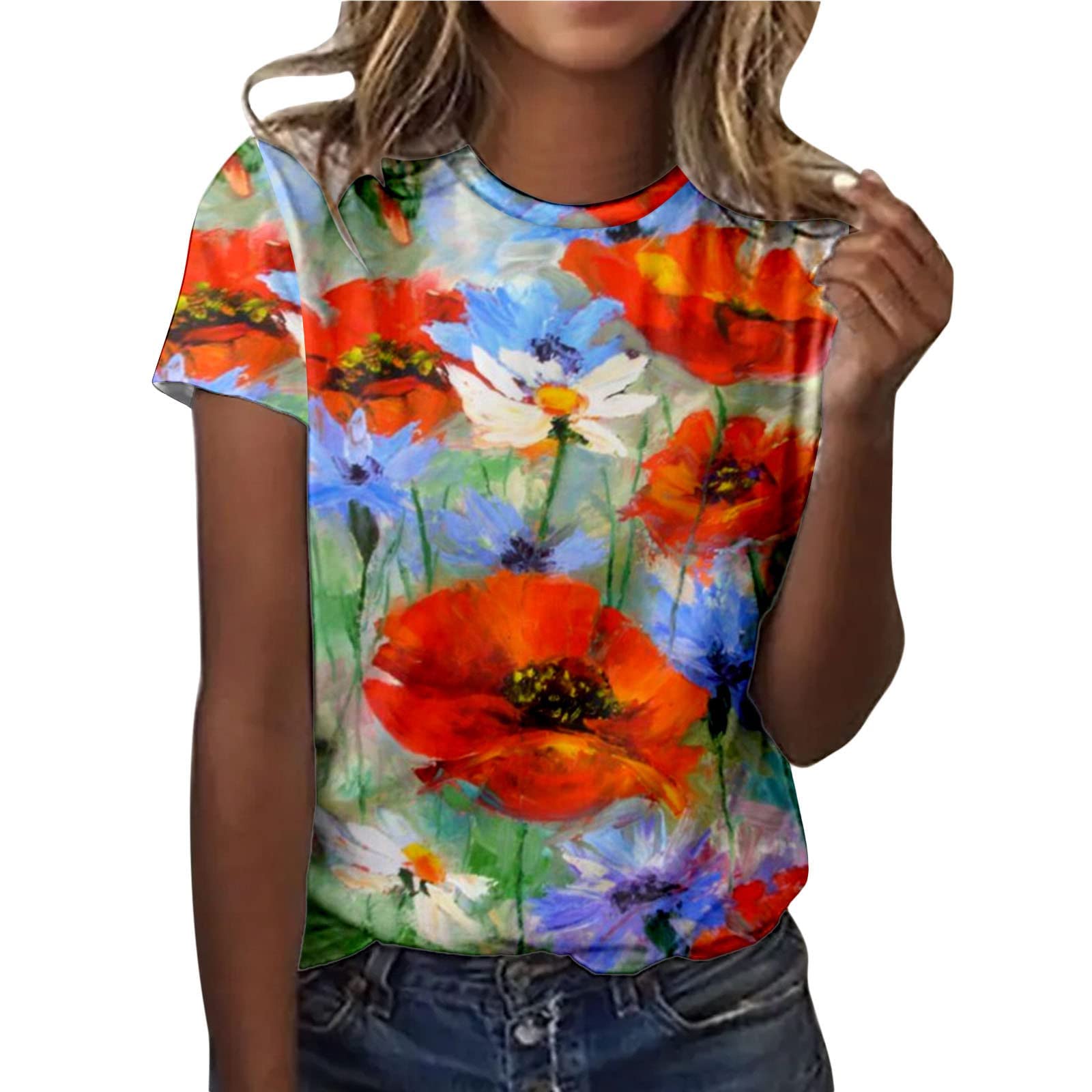 Women's Floral Print T-Shirt - Cute Summer Casual Crewneck Blouse, Tie Dye Fashion Short Sleeve Top for Everyday Wear, Beach Outings & Date Nights