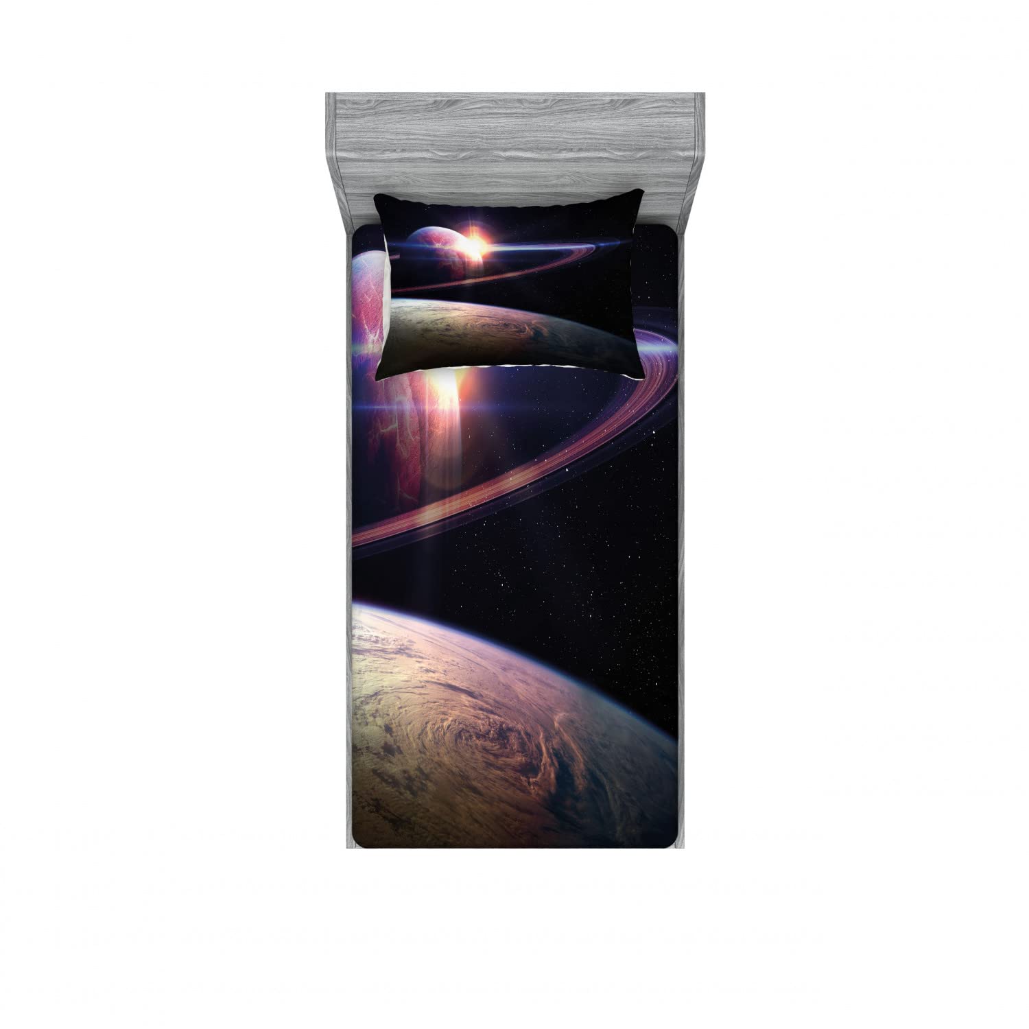 Ambesonne Galaxy 2-Pack Twin Size Fitted Sheet & Pillow Sham Set - Space Planets Cosmos Design, 4-Piece Bedding Collection (2 Fitted Sheets & 2 Pillow Covers) in Black & Blue - Perfect for Kids Room, Dorm Decor & Astronomy Themed Bedrooms