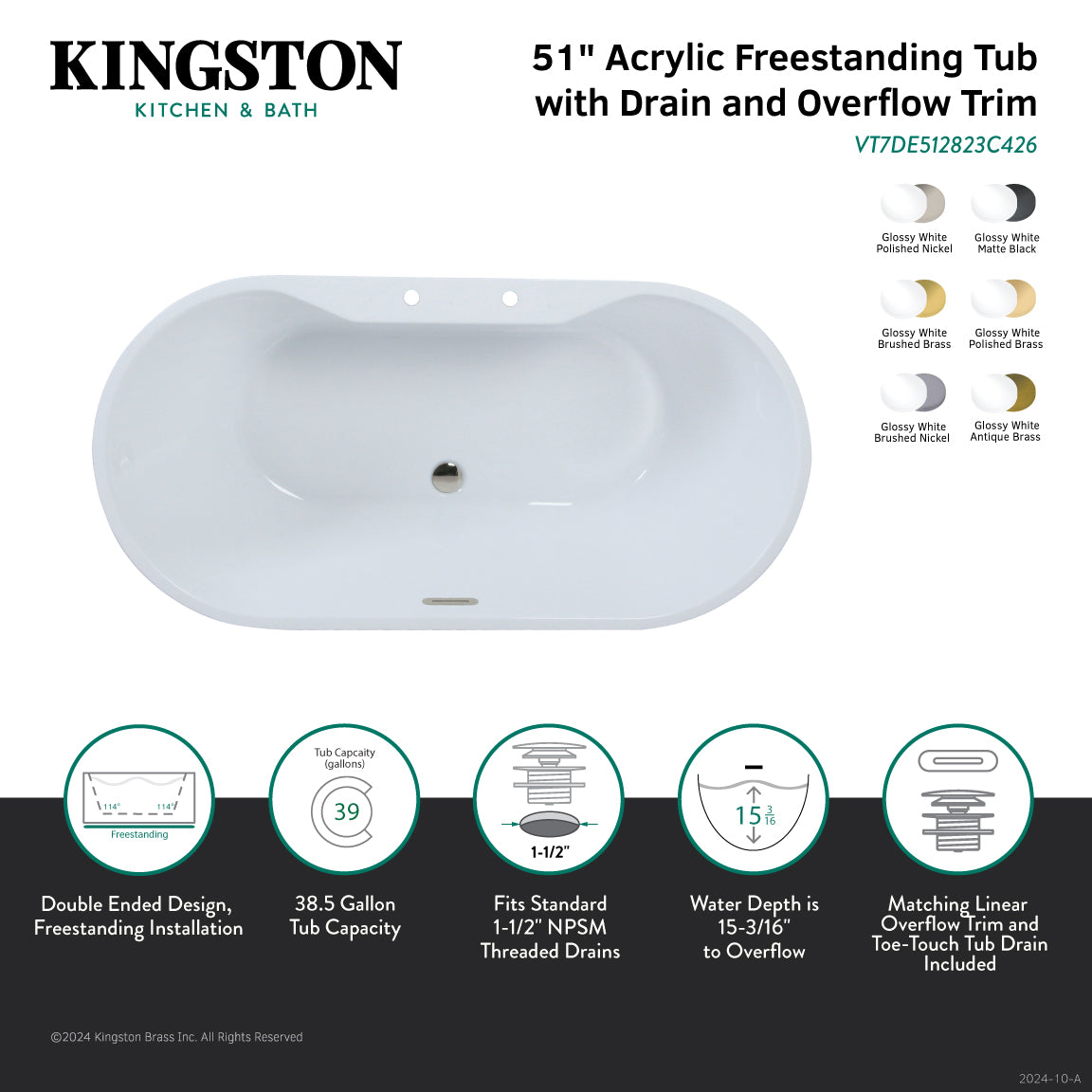 51 Inch Acrylic Oval Freestanding Bathtub - Glossy White with Antique Brass Drain - Double Ended Soaking Tub for Luxury Bathroom & Spa Relaxation at Home