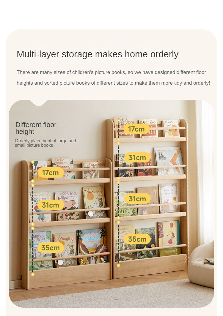 Popar Solid Wood Wall Mounted Bookshelf - Kids Book Storage Organizer for Nursery, Playroom & Classroom - Perfect for Children's Books, Toys & Decor