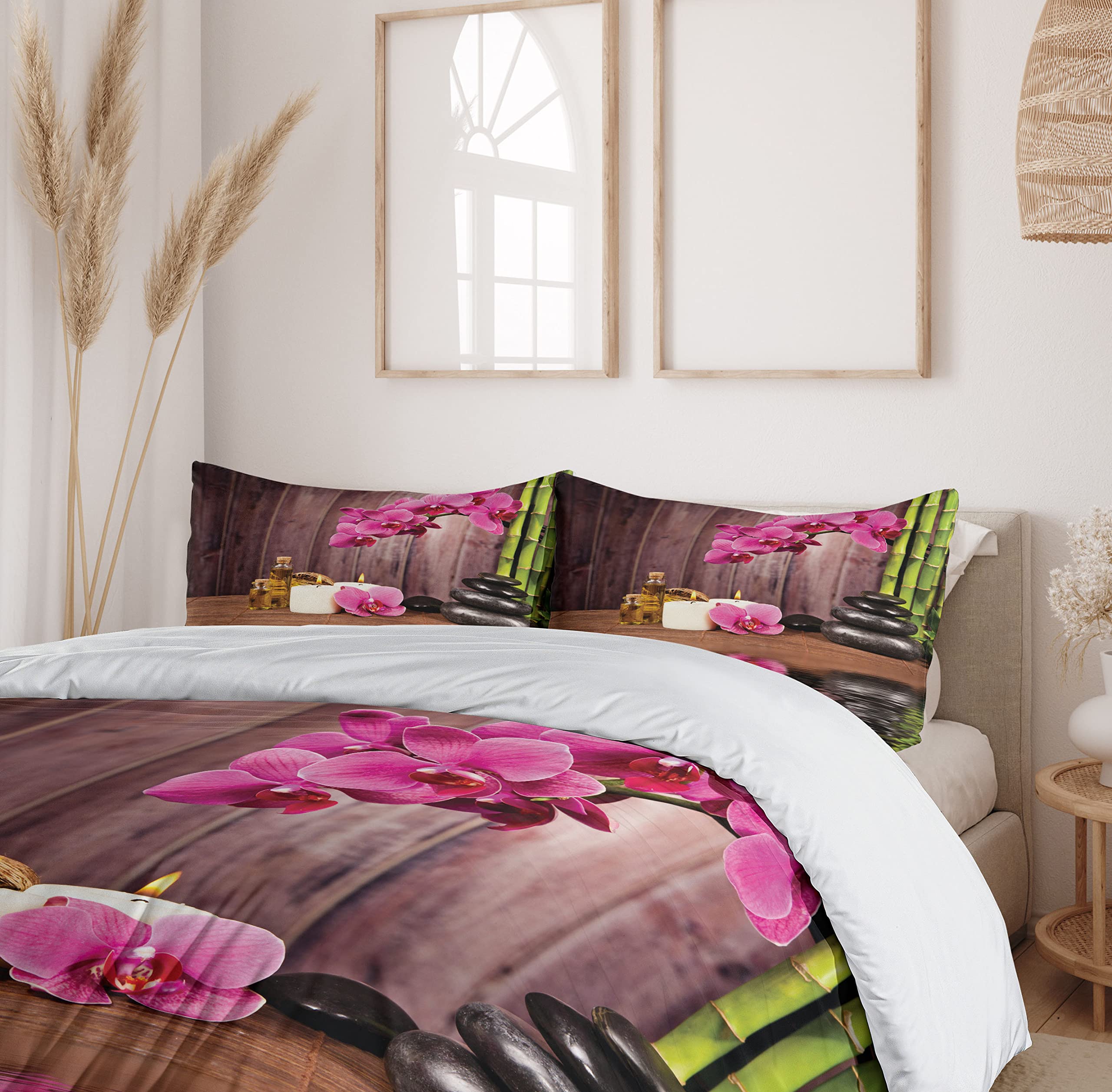 Ambesonne Orchid Duvet Cover Set - Modern Bohemian Style with Floral and Stone Print, 3-Piece Bedding Set Includes Duvet Cover & 2 Pillow Shams (California King, Umber Green Pink) - Perfect for Master Bedroom, Guest Room, and Boho Chic Home Decor