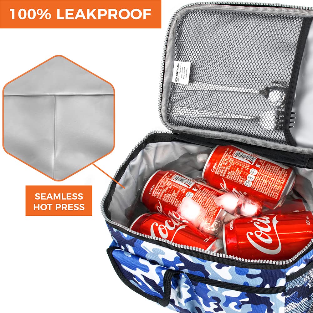 Opux Insulated Lunch Bag for Men & Women - Leakproof Camo Blue Lunch Box for Work, School & Picnics - Portable Soft Cooler Bag with Shoulder Strap - Adult & Kids Lunchbox Holds 14 Cans/8L - Perfect for Office, Hiking, Camping & Daily Commute