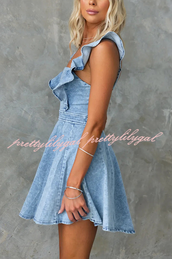 Sweet Secret Women's Denim Square Neck Ruffle Sleeve Stretch Mini Dress - Casual Summer Outfit for Date Night & Beach Vacation