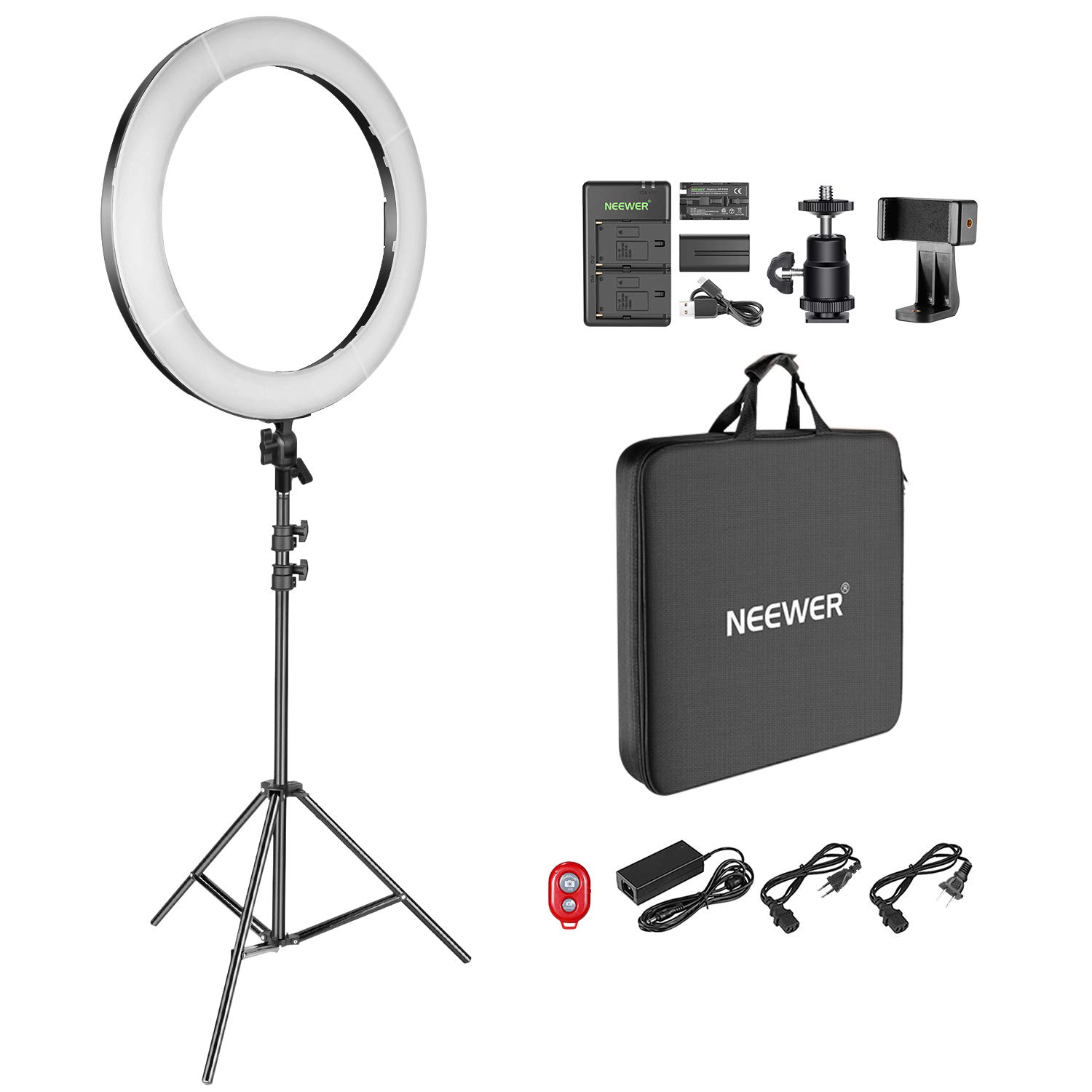 Neewer 18-inch LED Ring Light Kit with Adjustable Color Temperature - Professional Lighting for Makeup, YouTube Videos, Blogging & Salon Use - Includes Battery/DC Power, USB Charger, AC Adapter, Phone Clamp & Stand - Perfect for Content Creation, Live Streaming & Photography