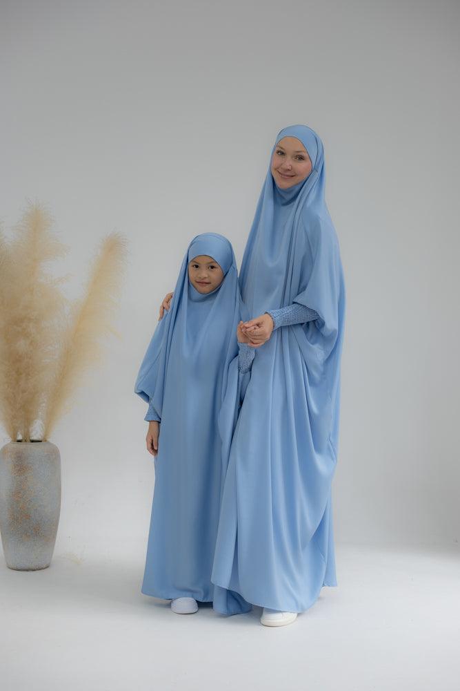 Little Gretaah Khimar Style Prayer Gown for Kids - Sky Blue with Ribbed Sleeve Cuffs | Perfect for Islamic Prayer, Eid Celebrations & Modest Dress