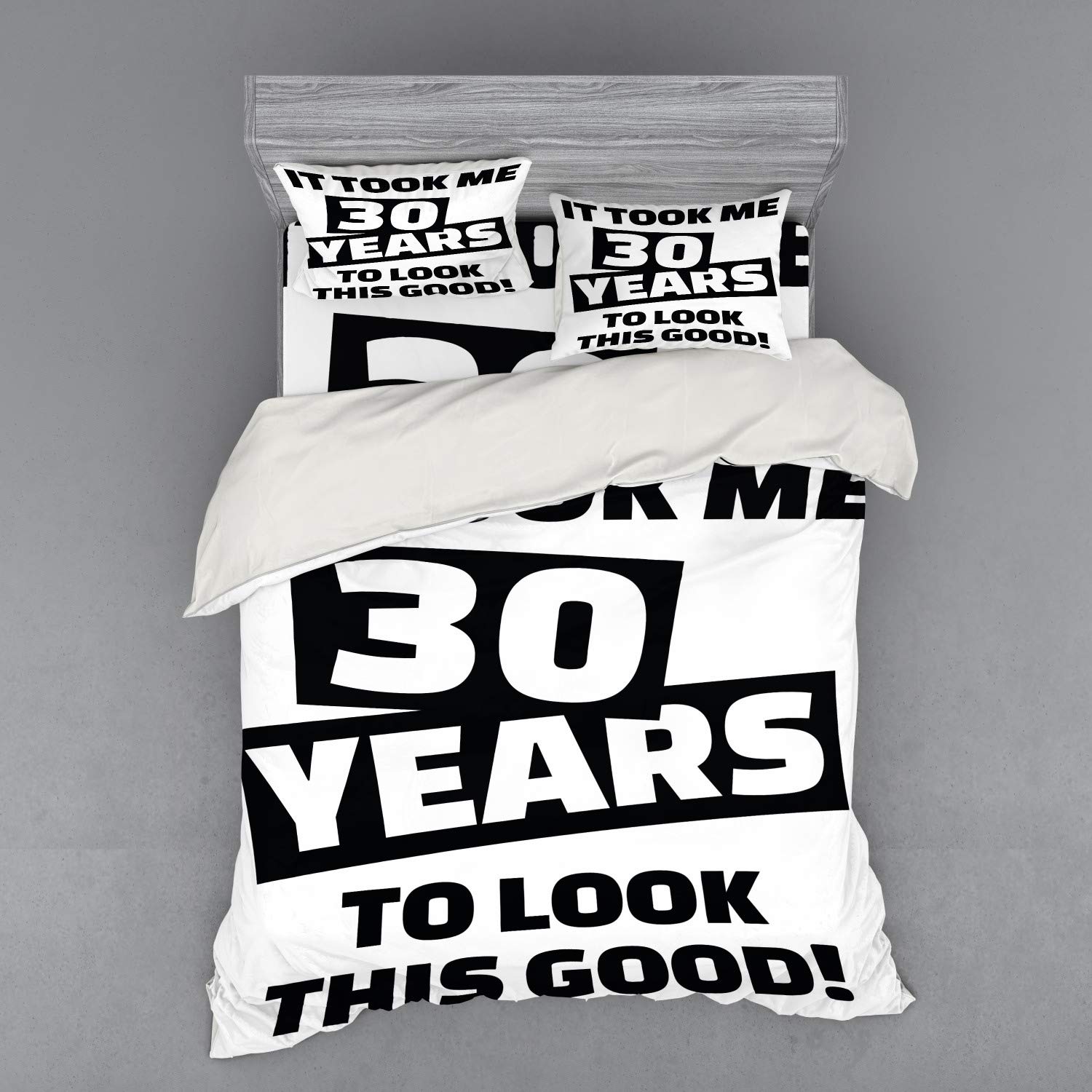 Ambesonne 30th Birthday Duvet Cover Set - Funny Pictogram Style Slogan for Middle Aged Adults, 4-Piece Queen Size Bedding Set with Pillow Shams & Fitted Sheet in Black & White | Perfect for Birthday Gifts, Adult Humor Bedroom Decor & Themed Parties