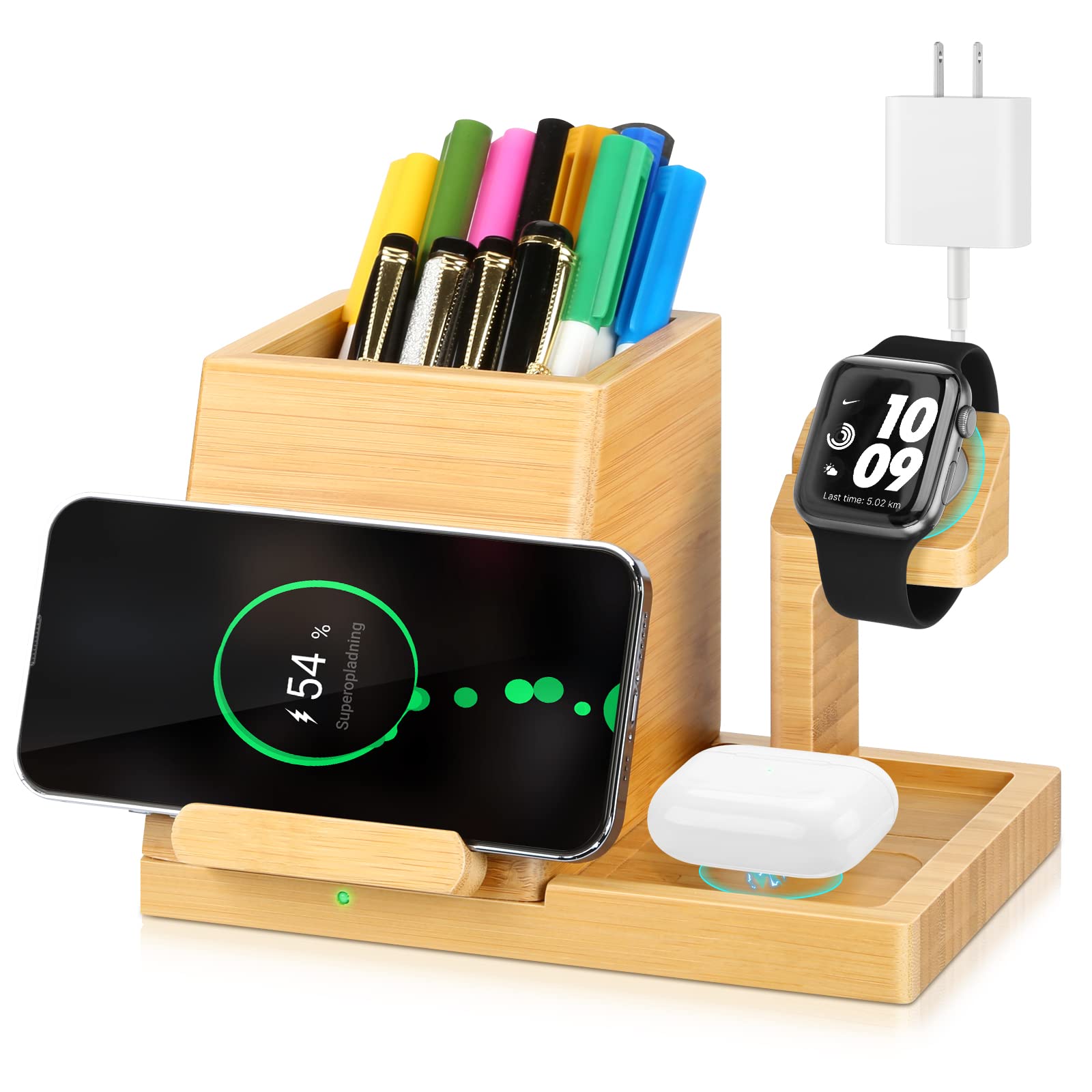 3-in-1 Bamboo Wireless Charging Station with Pen Holder | Fast Qi-Certified Charger for iPhone 14/13/12 Pro Max, AirPods & Apple Watch (No Watch Cable) | Perfect for Home Office, Nightstand & Desk Organization