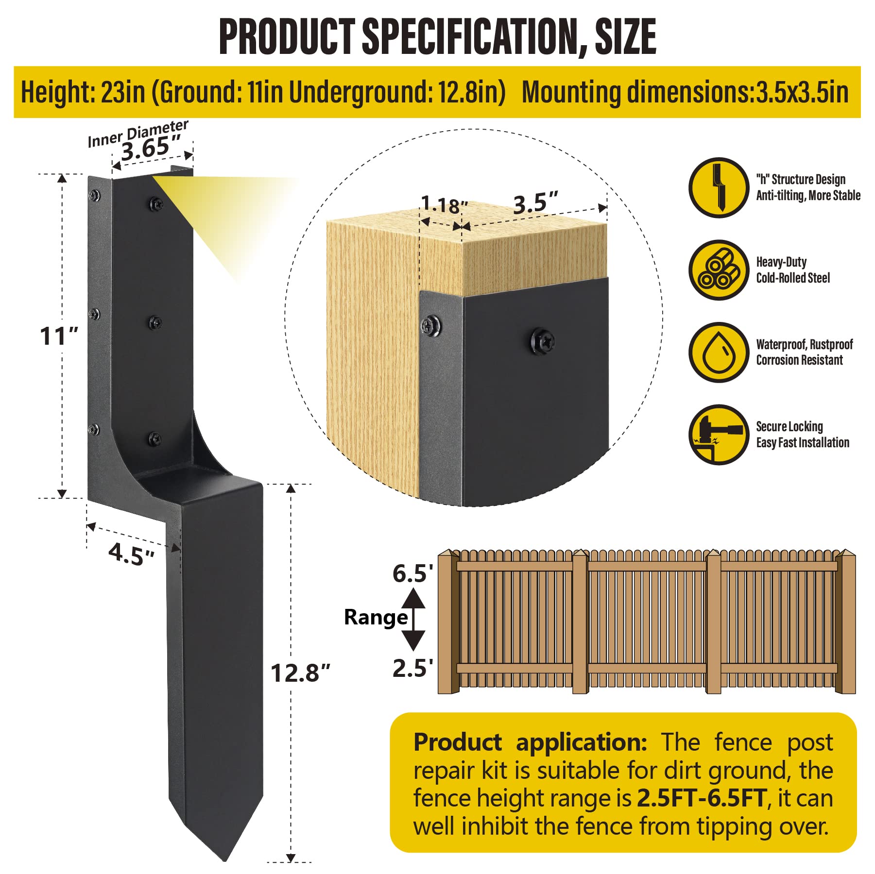 Heavy Duty Steel 4x4 Fence Post Repair Kit (3.6