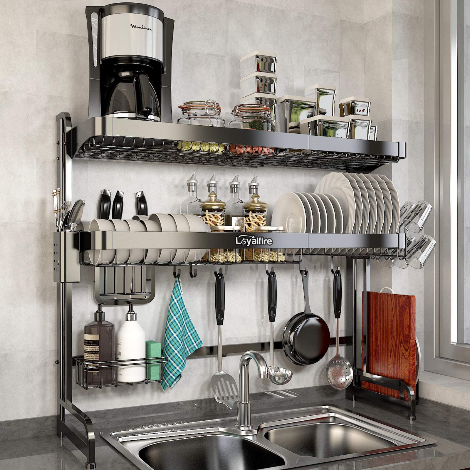Loyalfire 3-Tier Expandable Stainless Steel Over Sink Dish Drying Rack (20.87''-37.6'') - Adjustable Length Kitchen Organizer with Utensil Holder & Cup Hanging Set - Perfect for Small Spaces, Apartments, and Compact Kitchens
